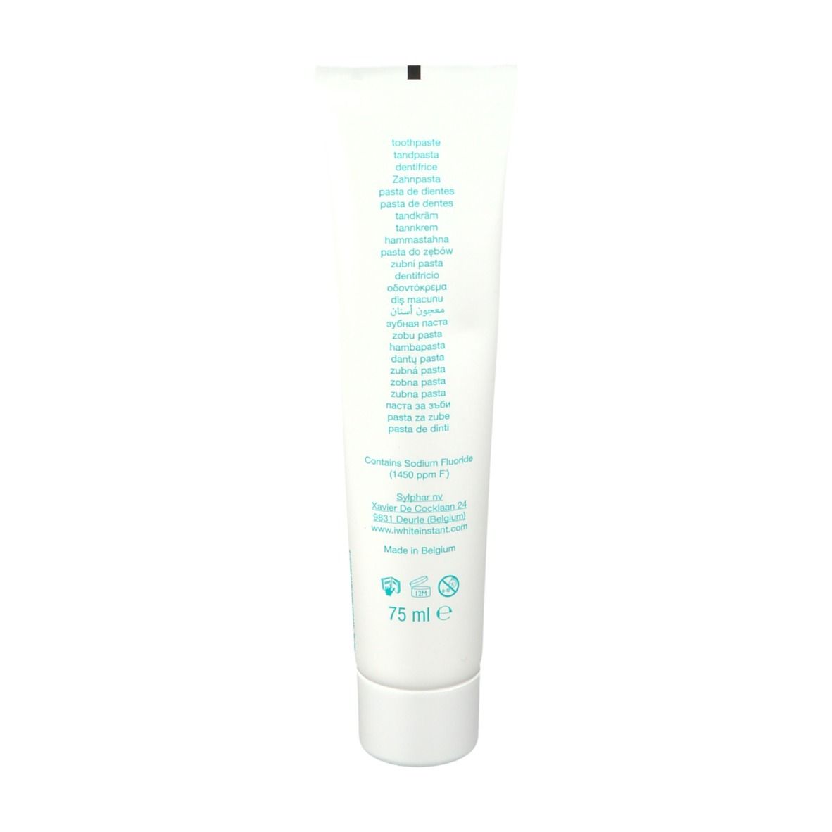 Dos du tube de dentifrice blanc. Texte multilingue. Contient du fluorure de sodium (1450 ppm F). 75 ml.