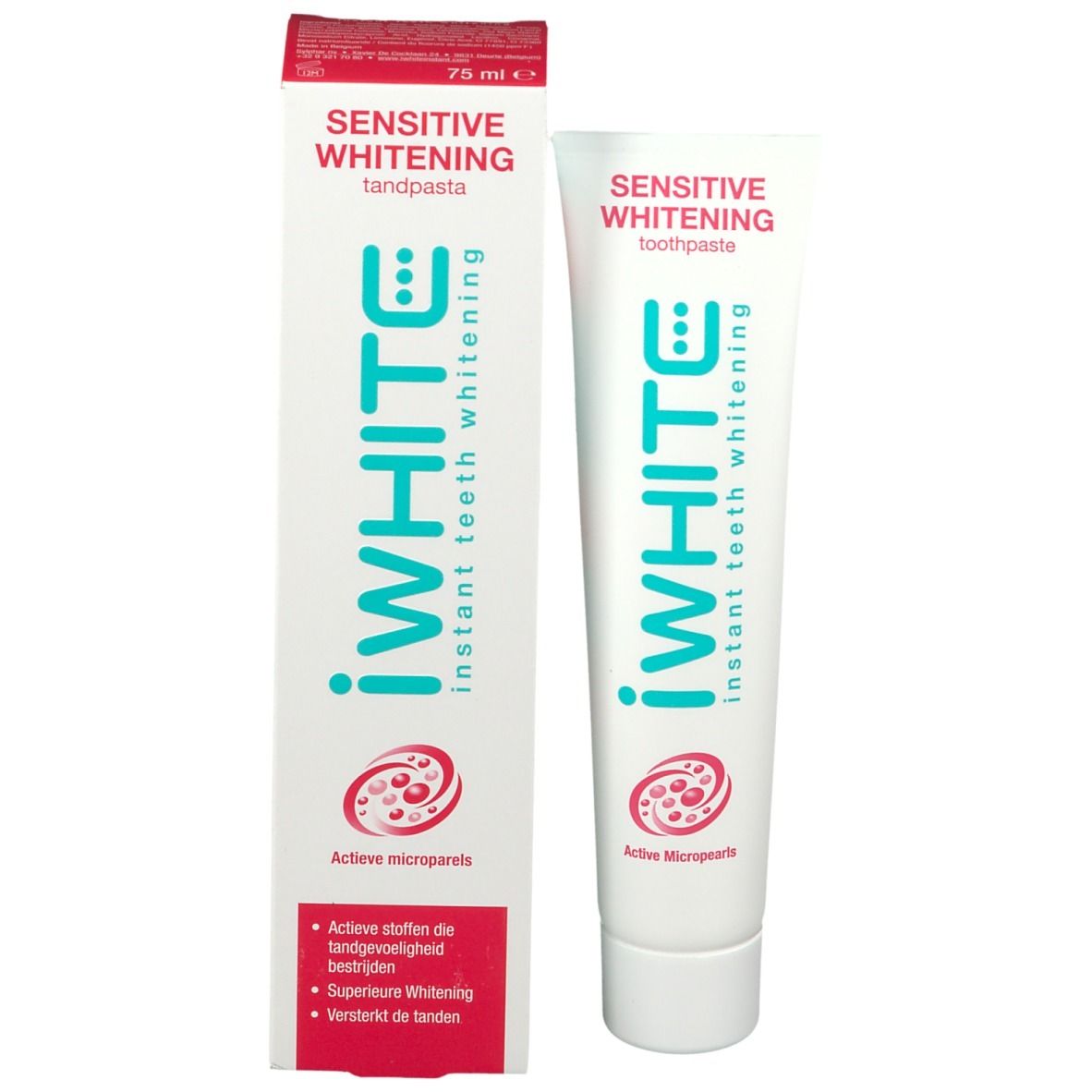 Tube de dentifrice et emballage côte à côte. Inscription : iWhite, Sensitive Whitening, Active Micropearls. Emballage avec texte.