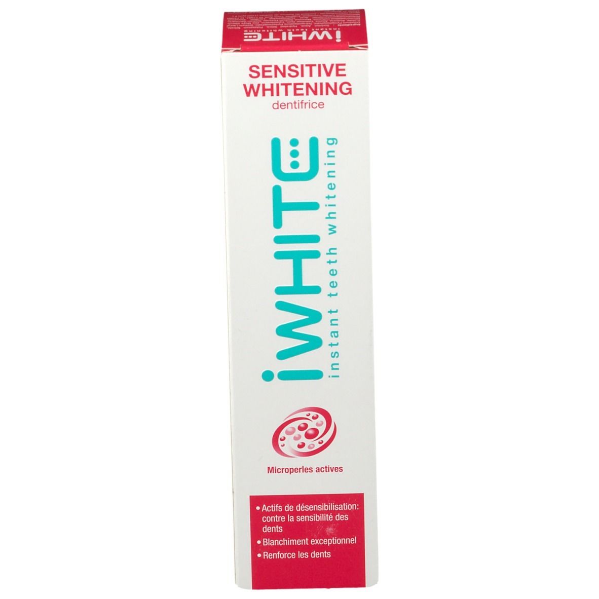 Emballage du dentifrice. Inscription : iWhite, Sensitive Whitening, Active Micropearls. Texte en rouge.
