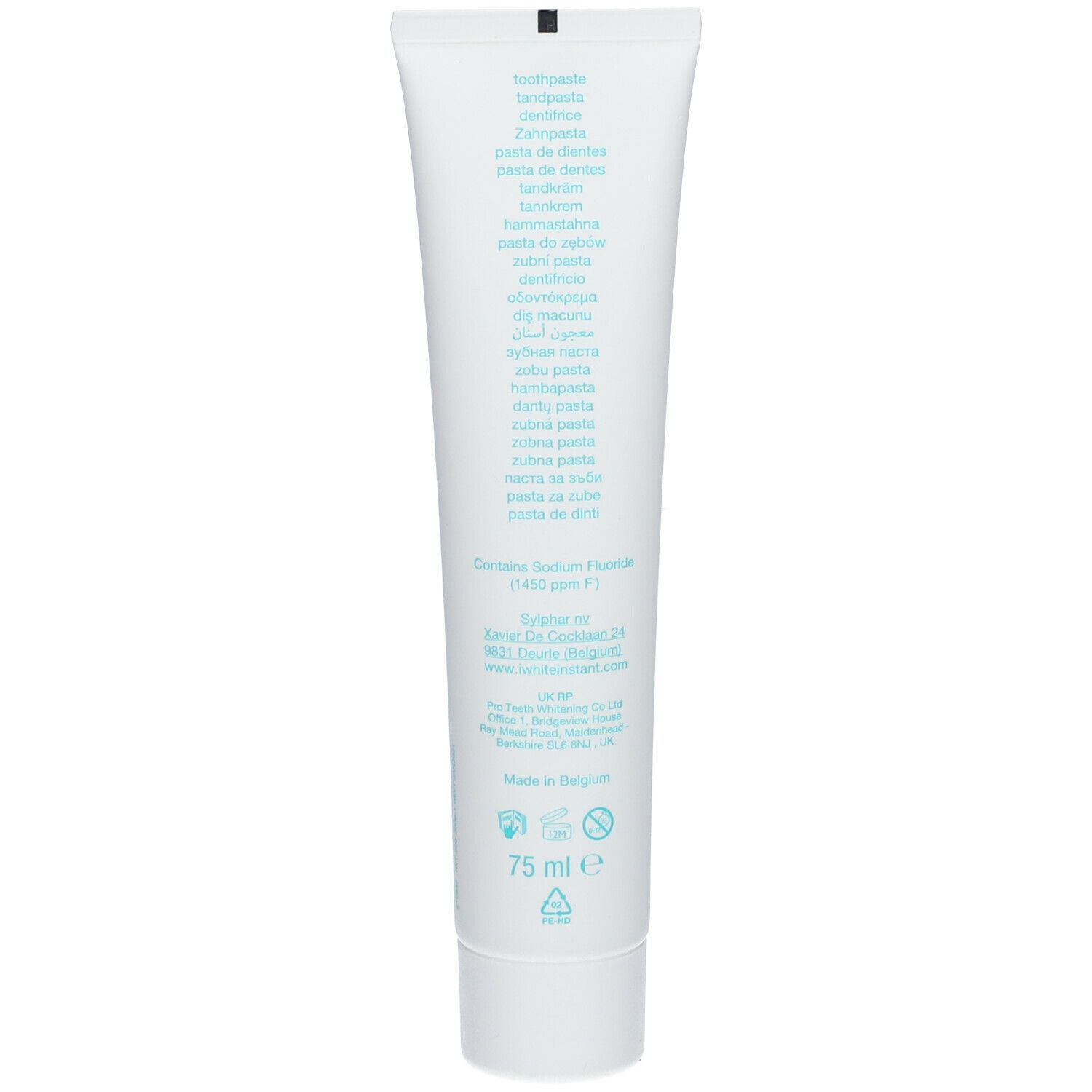 Achterkant van de iWhite Dark Stains Whitening tandpasta tube. Bevat ingrediënten en fabrikant info.