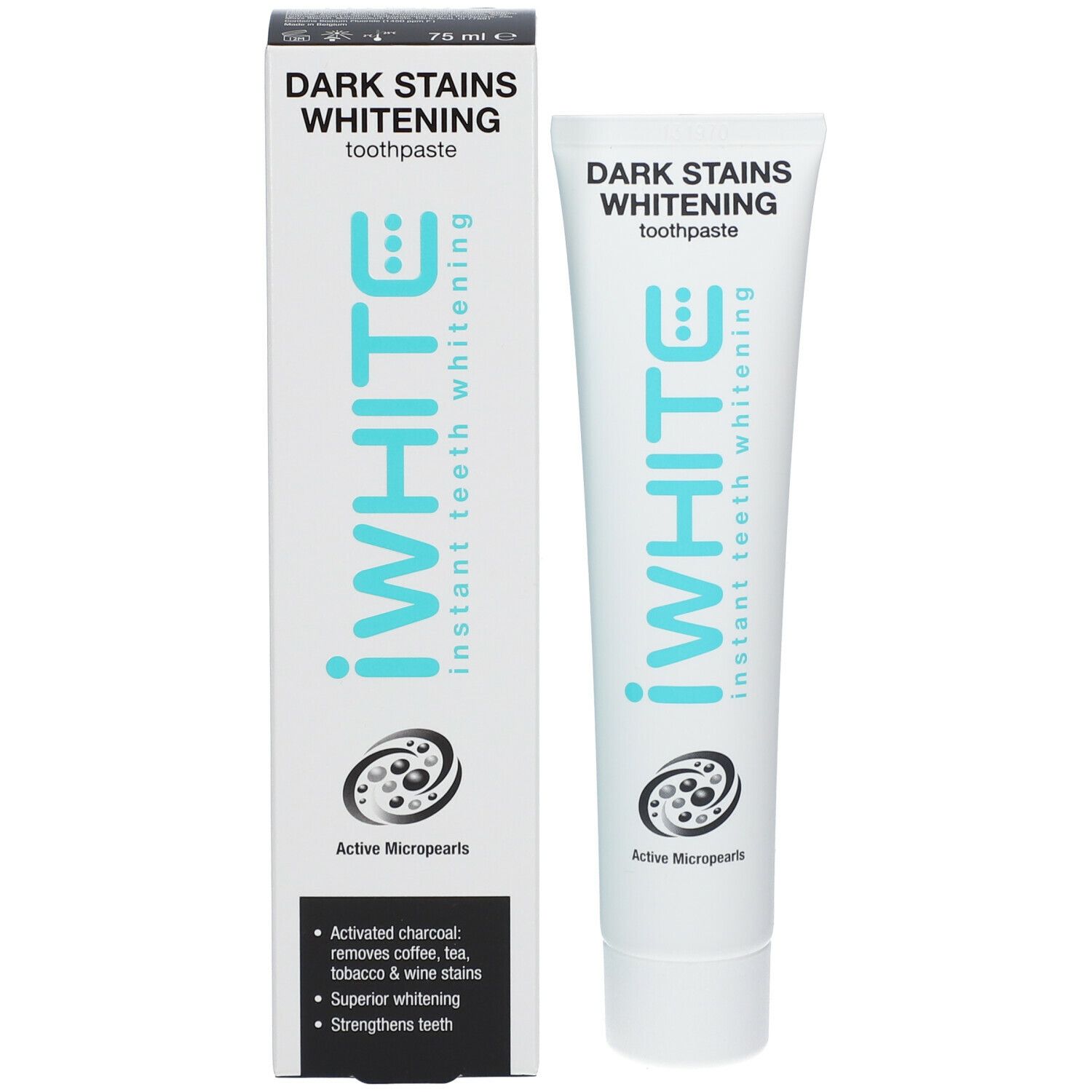 iWhite Dark Stains Whitening tandpasta en verpakking. Tube en doos. Bevat Active Micropearls.