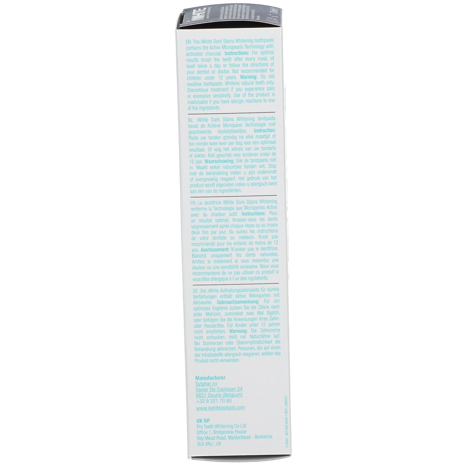 Zijkant van de iWhite Dark Stains Whitening verpakking. Bevat tekst in meerdere talen.