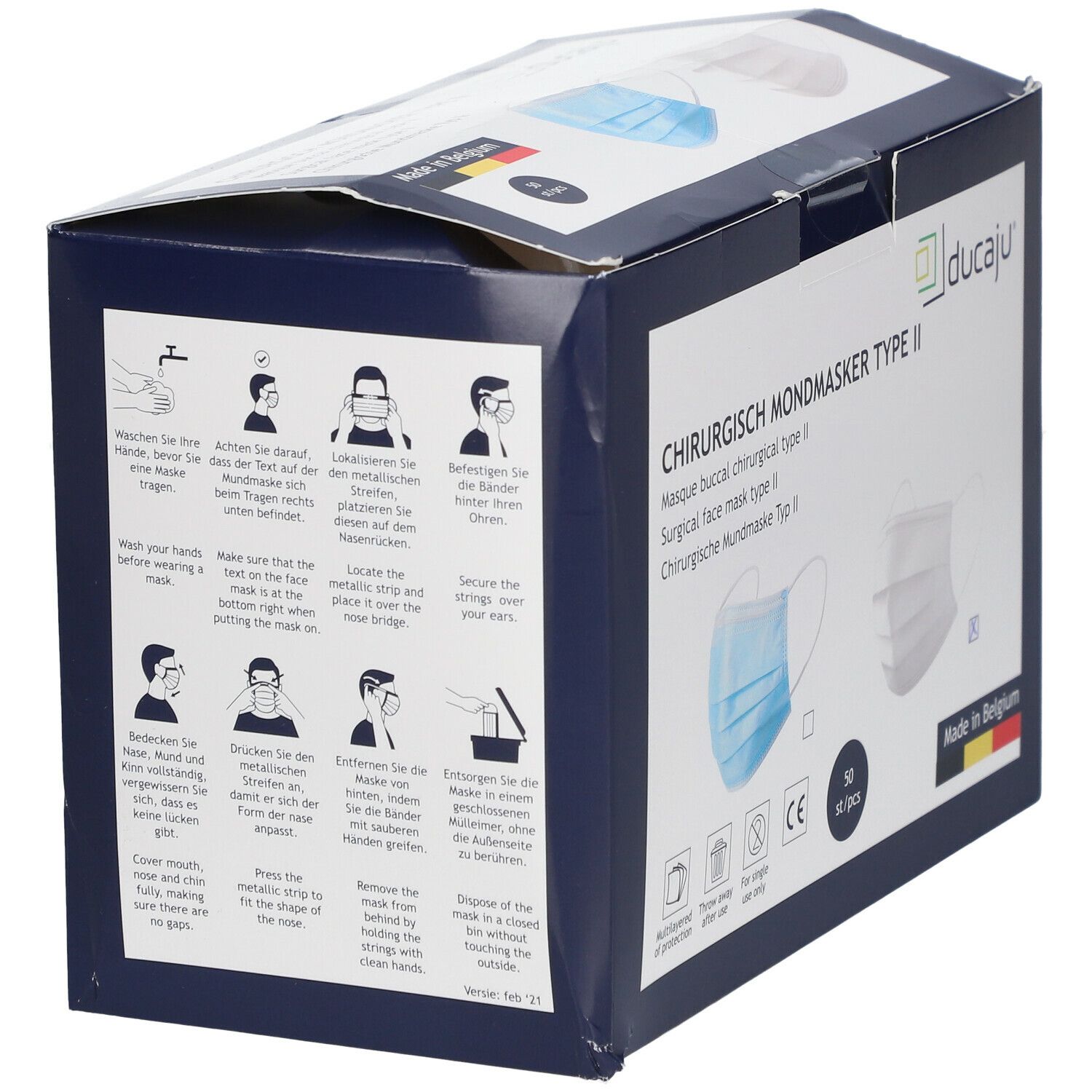 Box mit chirurgischen Mundmasken, geöffnet. Aufdrucke: Ducaju, Typ II, Gebrauchsanweisung, CE-Zeichen, Made in Belgium.