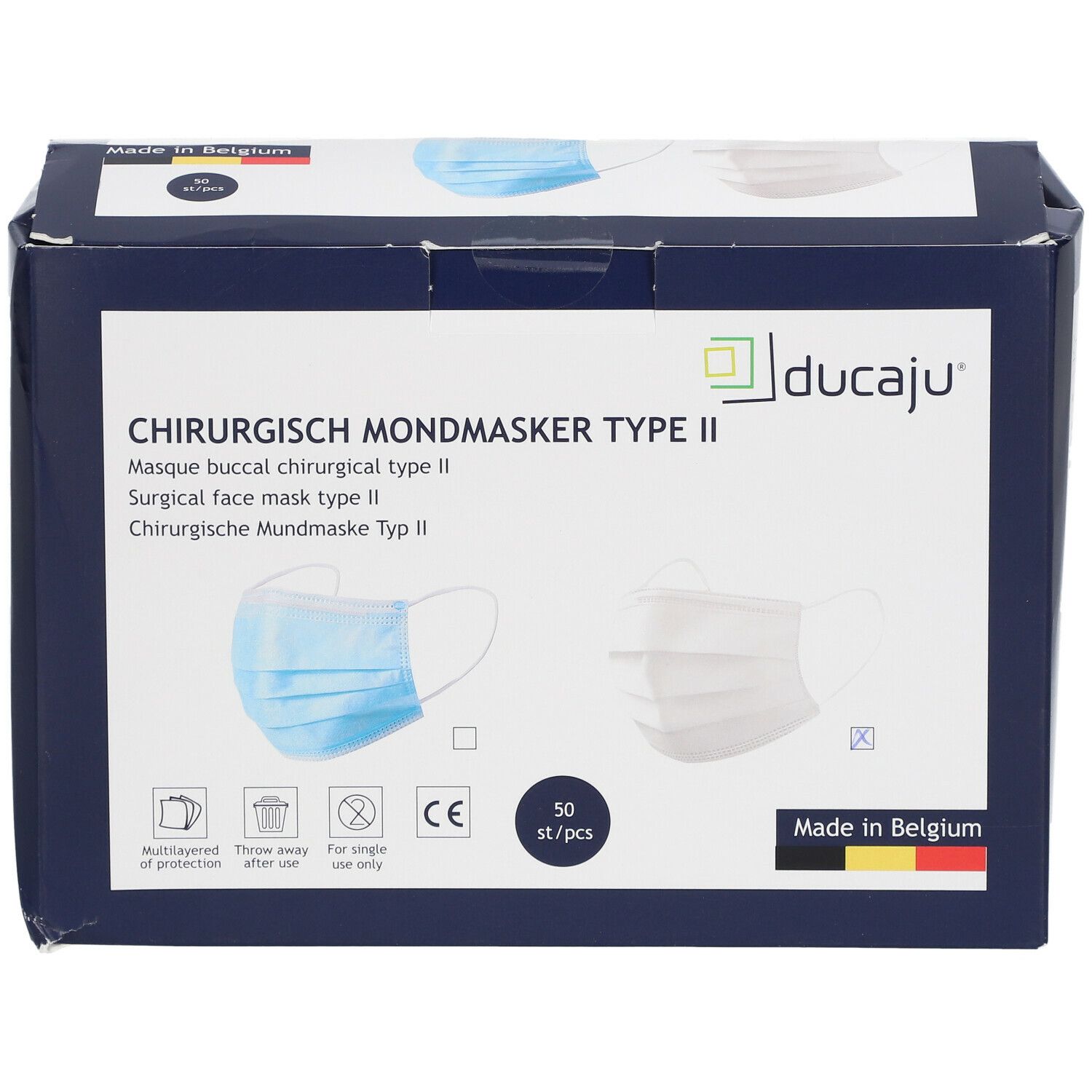 Geschlossene Box mit chirurgischen Mundmasken. Aufdrucke: Ducaju, Typ II, 50 Stück, CE-Zeichen, Made in Belgium.