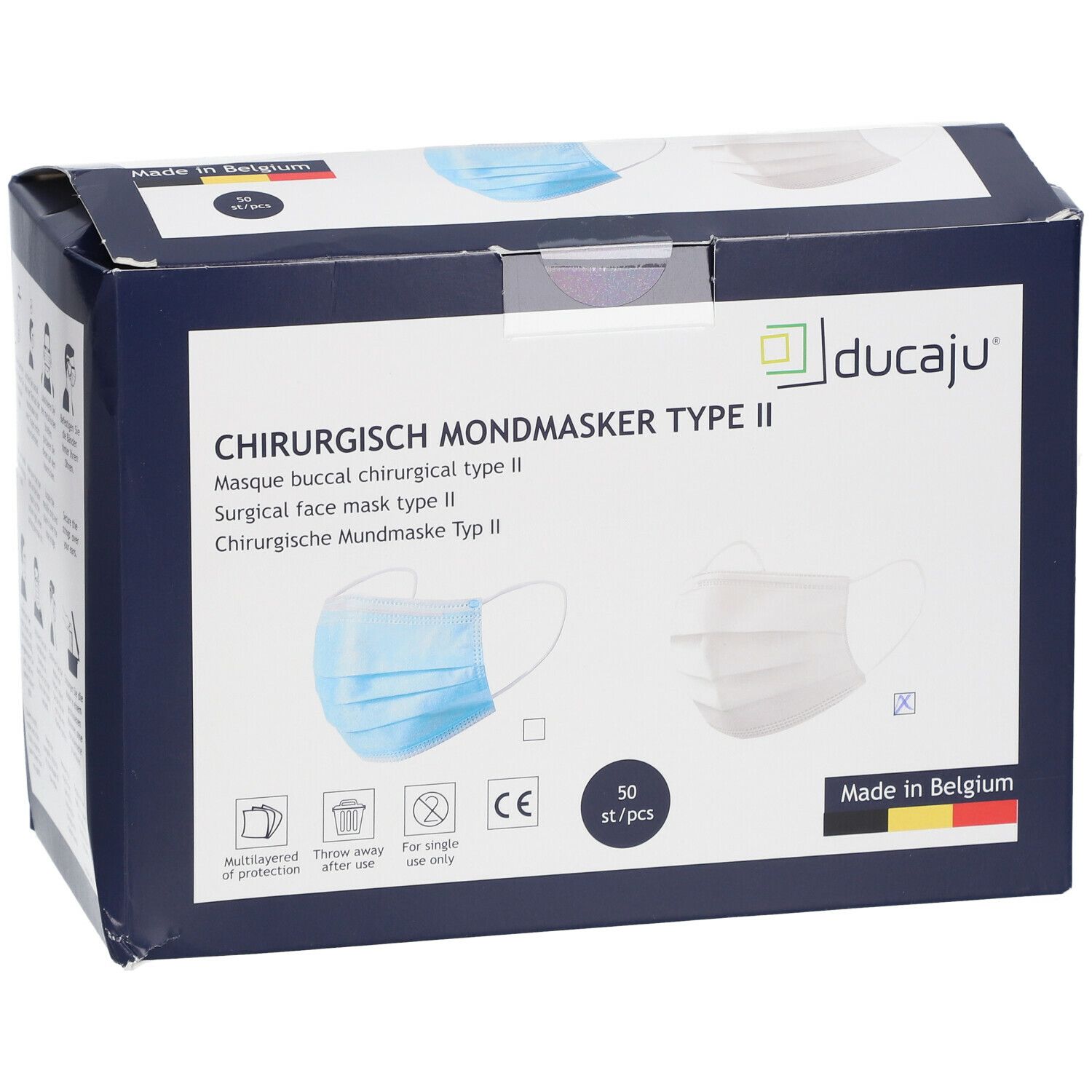 Geschlossene Box mit chirurgischen Mundmasken. Aufdrucke: Ducaju, Typ II, 50 Stück, CE-Zeichen, Made in Belgium.