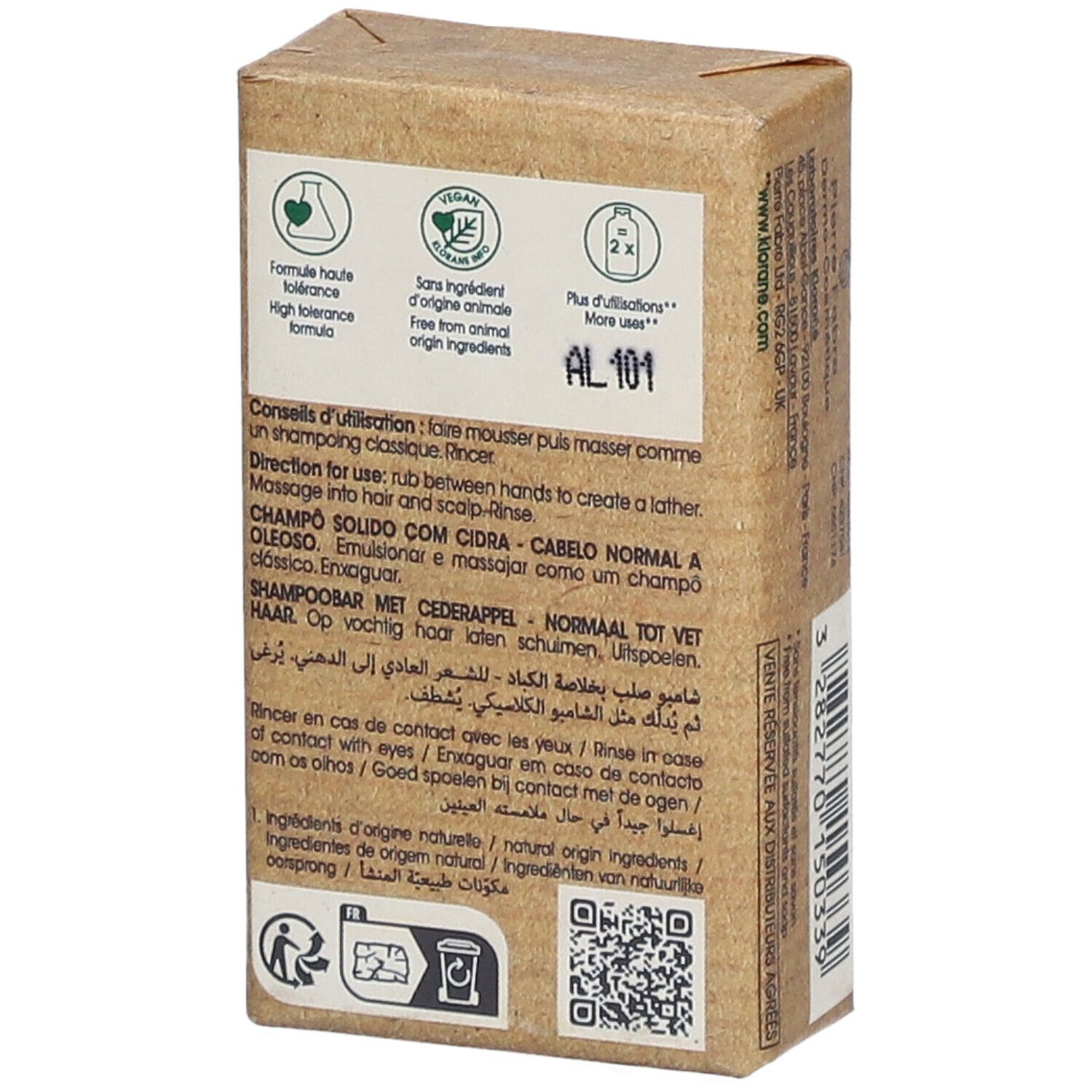 Achterkant van de Klorane Shampoo Bar verpakking. Tekst met instructies en certificeringen.