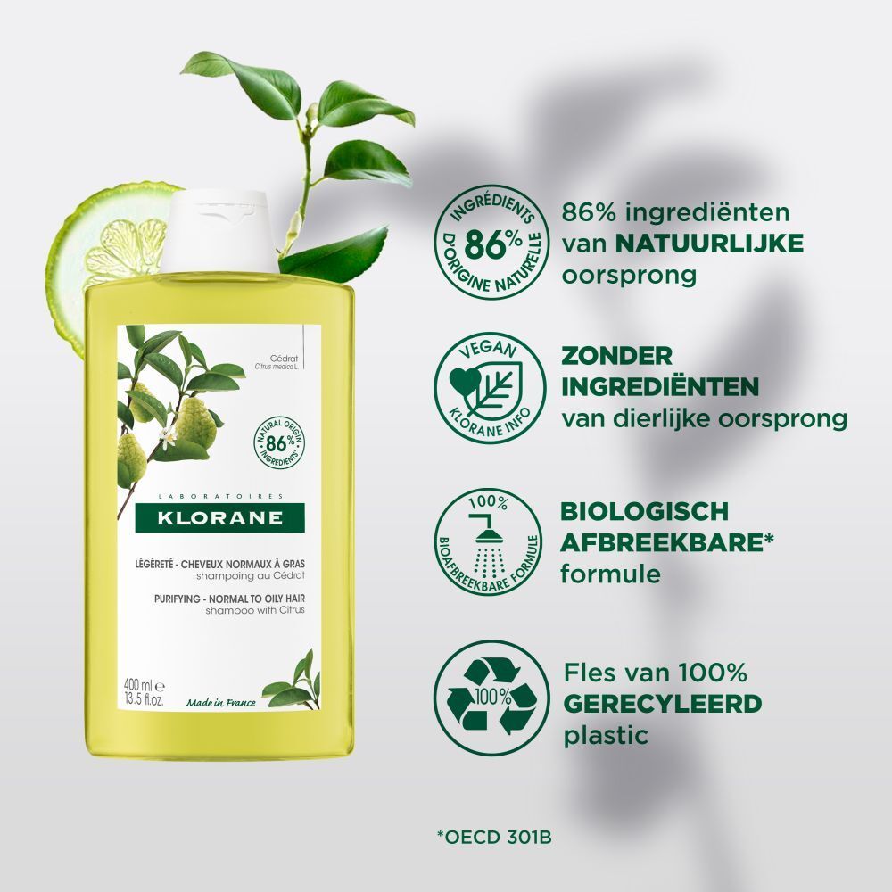 Klorane Shampoo met Cedrat. Productafbeelding met illustraties en tekst. 86% natuurlijke ingrediënten.