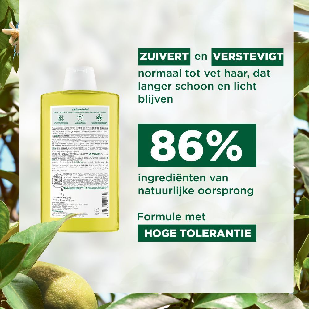 Klorane Shampoo met Cedrat. Productafbeelding met illustraties en tekst. 86% natuurlijke ingrediënten.