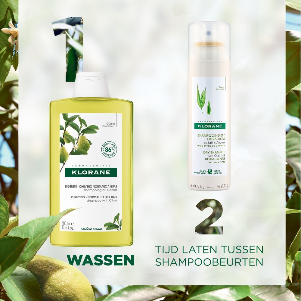Klorane Shampoo met Cedrat. Productafbeelding met illustraties en tekst. 86% natuurlijke ingrediënten.