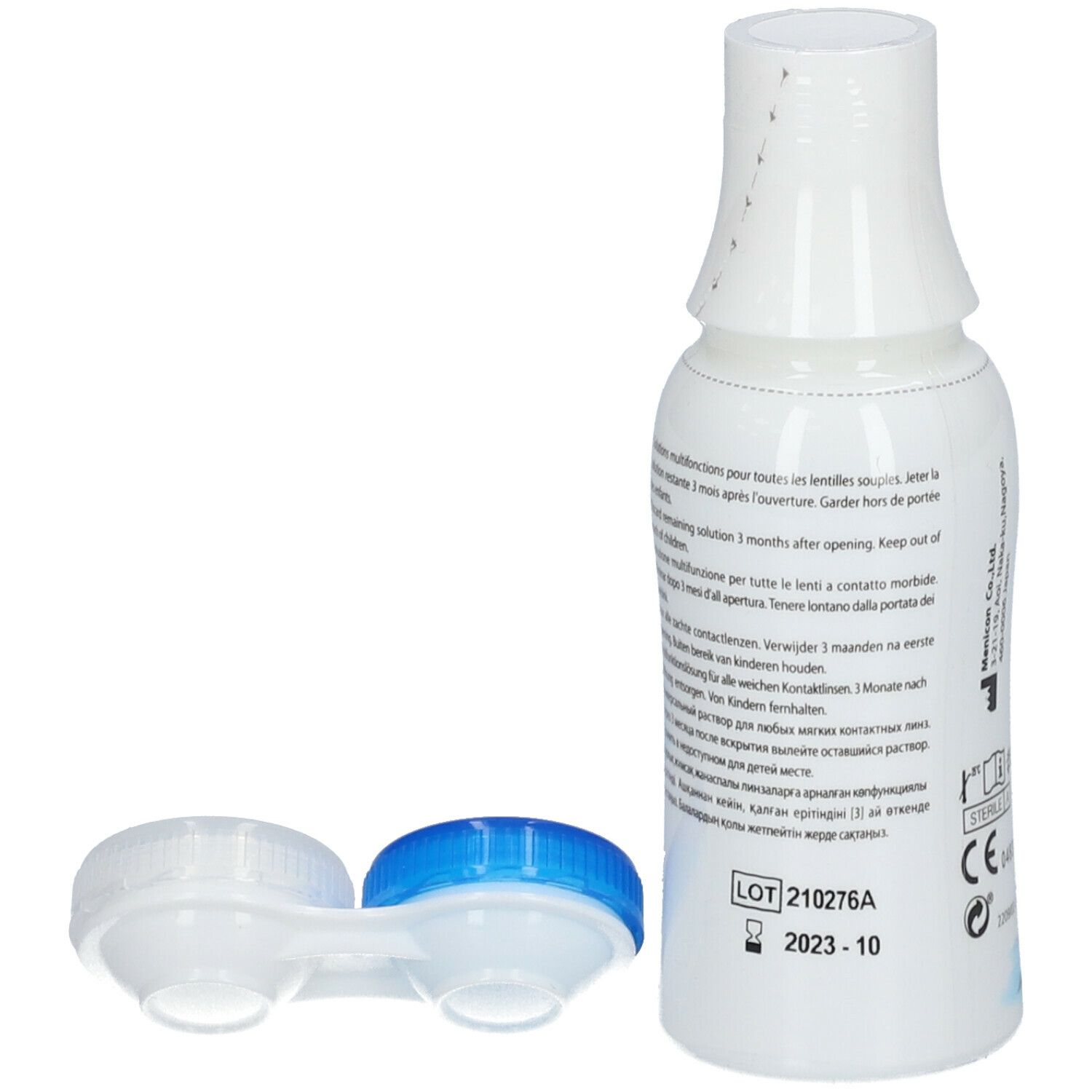 Flacon Menicare Soft avec étui lentilles. Inscription et numéro de lot. Marquage CE.