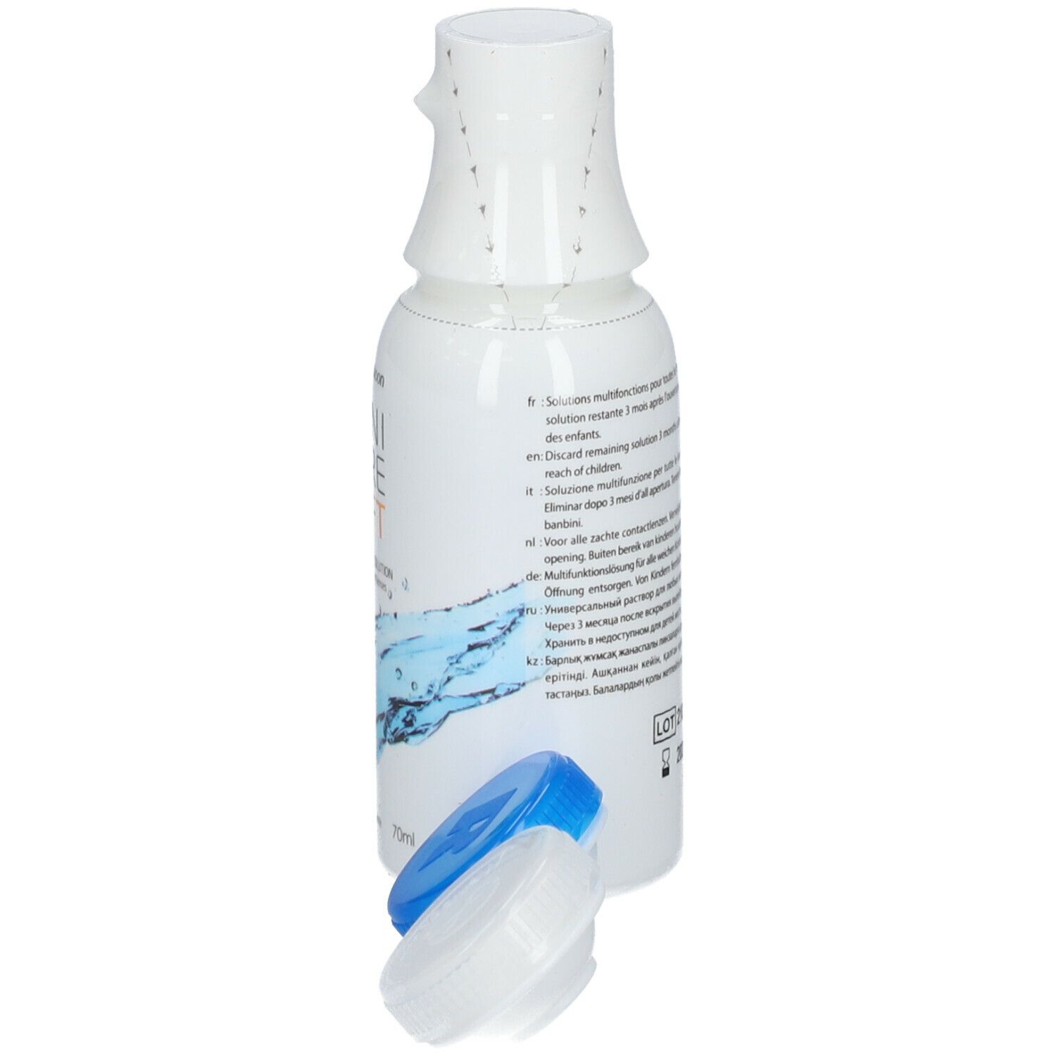 Flacon Menicare Soft avec étui lentilles. Inscription et marquage CE.