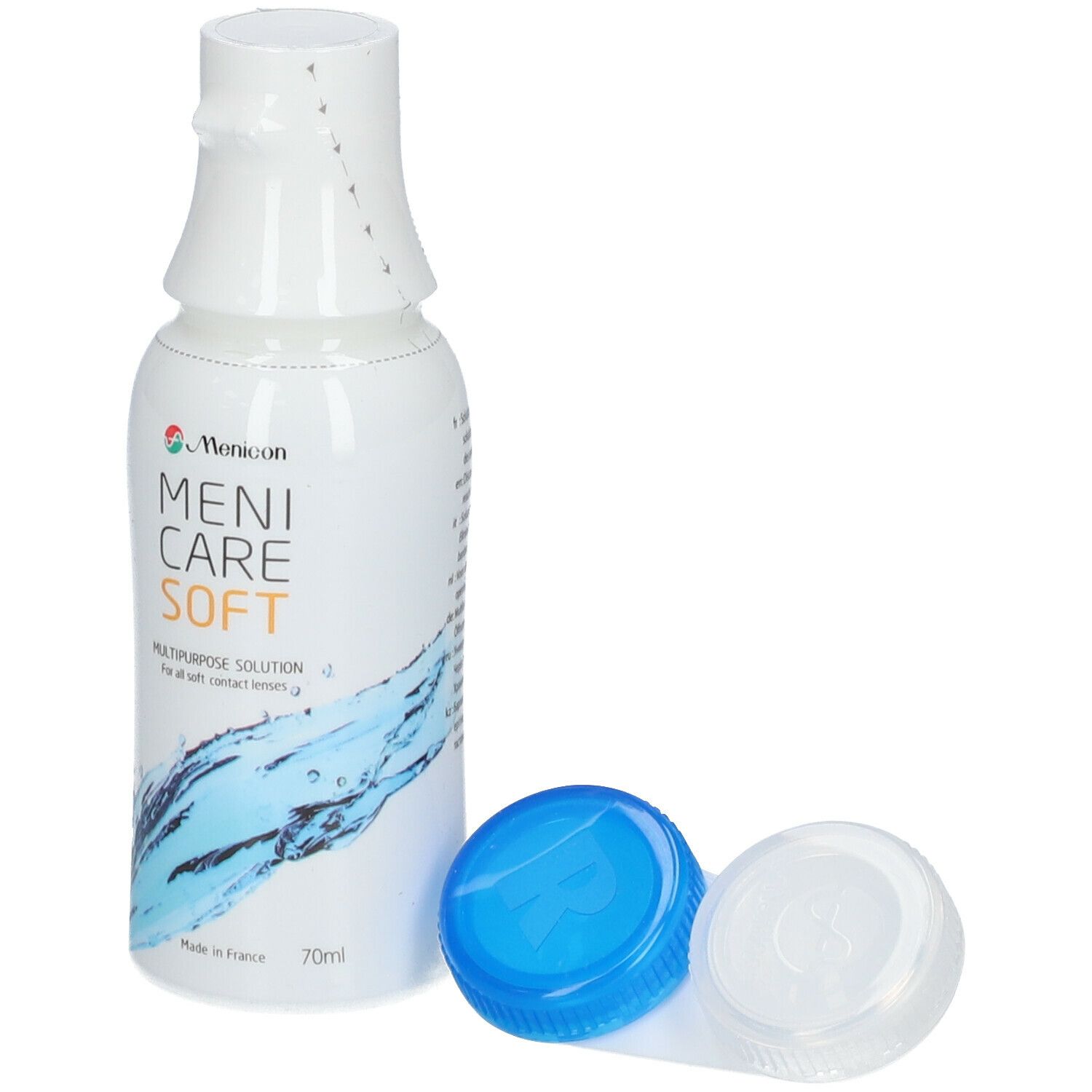 Flacon Menicare Soft avec étui lentilles. Inscription et marquage CE. Contenance 70ml.