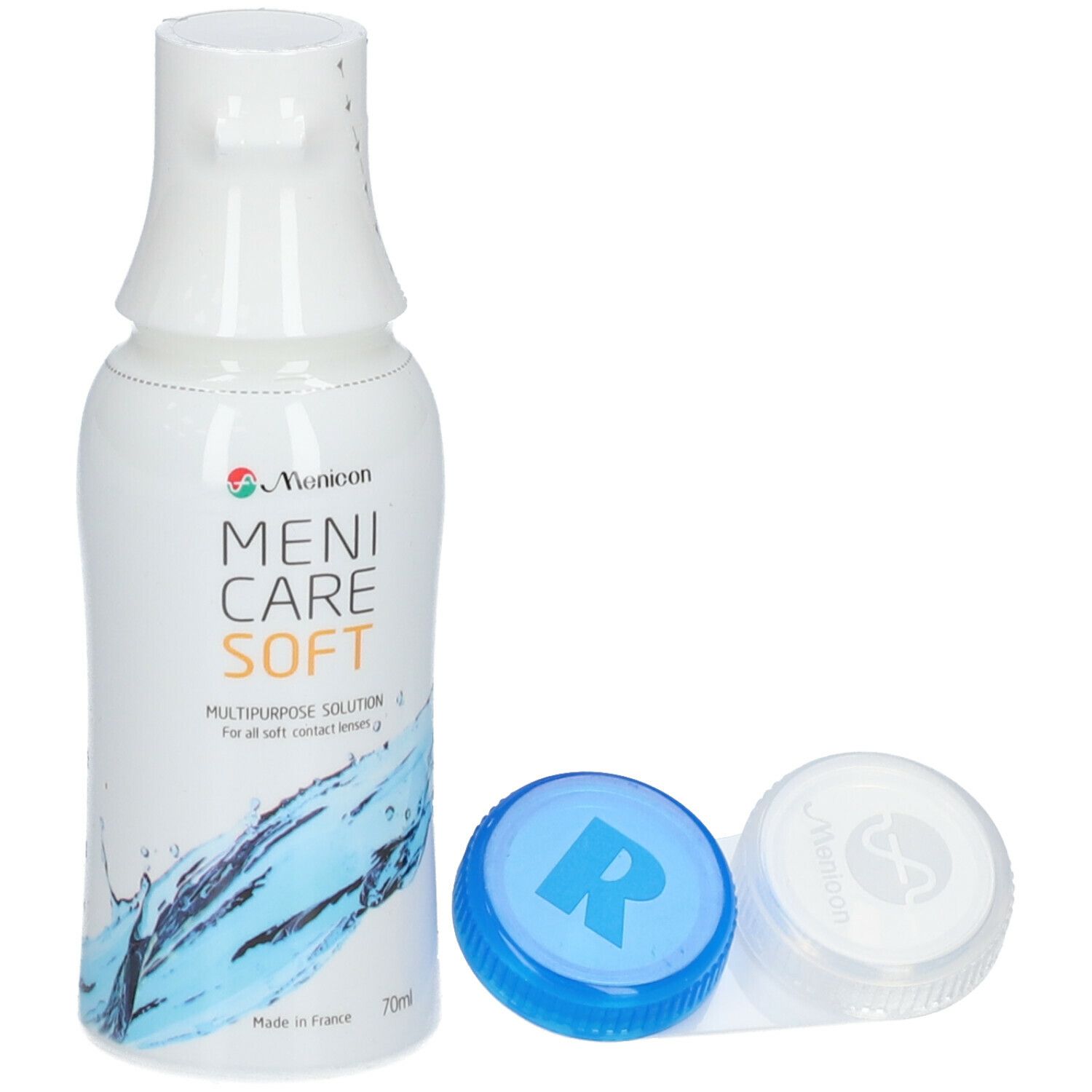 Flacon Menicare Soft avec étui lentilles. Inscription et marquage CE. Contenance 70ml.