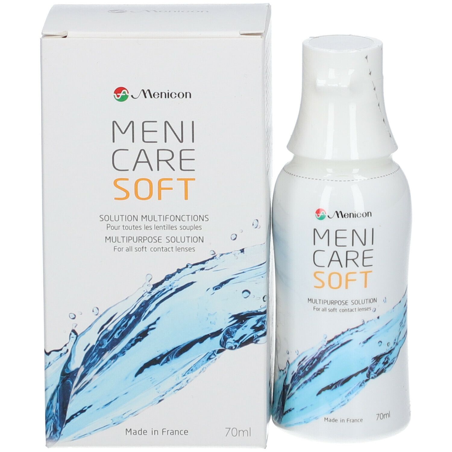 Emballage et flacon Menicare Soft. Inscription et marquage CE. 70ml. Solution pour lentilles souples.