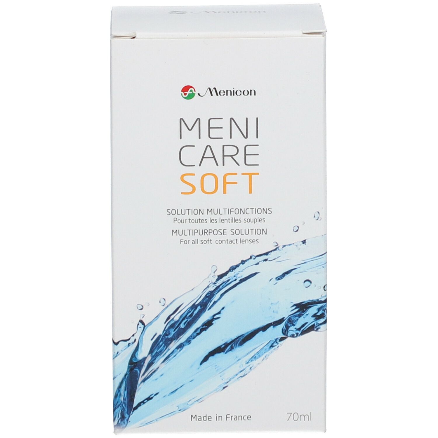 Emballage Menicare Soft. Inscription et marquage CE. 70ml. Solution pour lentilles souples.
