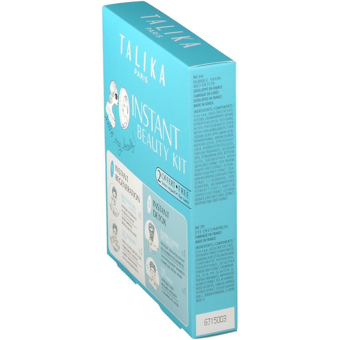 Lichtblauwe verpakking TALIKA INSTANT BEAUTY KIT, zijaanzicht. Tekst en productinformatie op de verpakking.