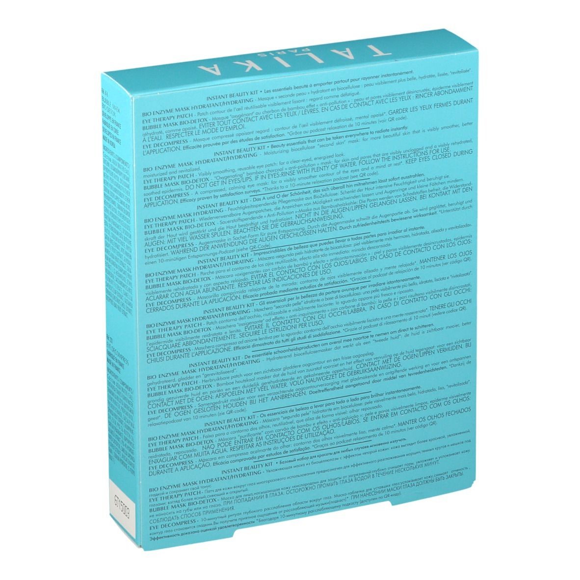 Achterkant van de lichtblauwe verpakking TALIKA INSTANT BEAUTY KIT. Tekstuele productinformatie en ingrediënten.