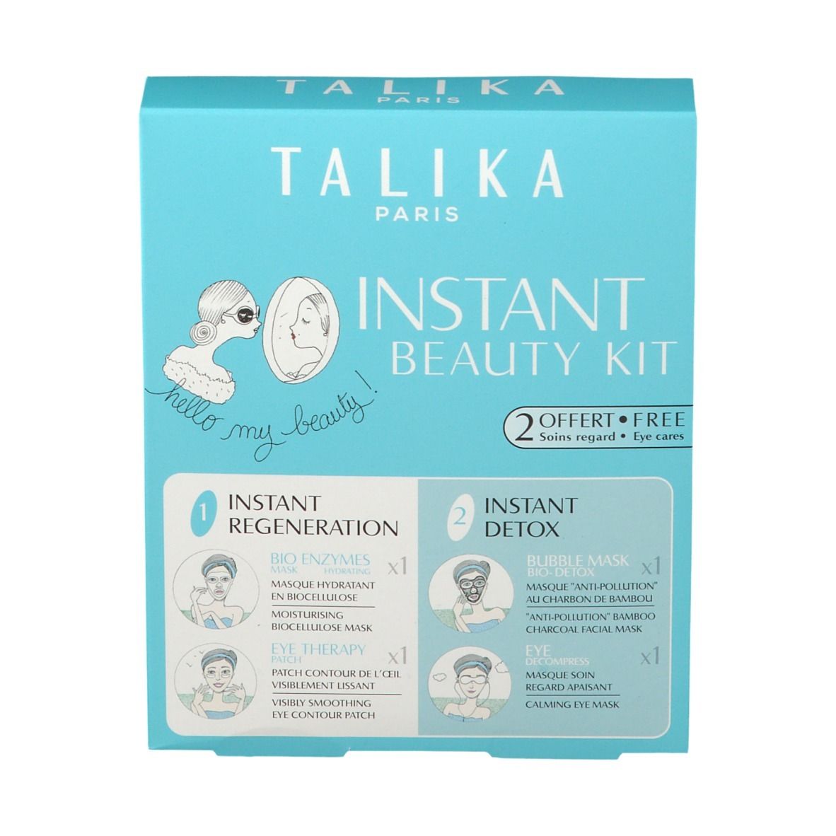 Lichtblauwe verpakking TALIKA INSTANT BEAUTY KIT. Vooraanzicht met productnaam, illustraties en beschrijvingen.