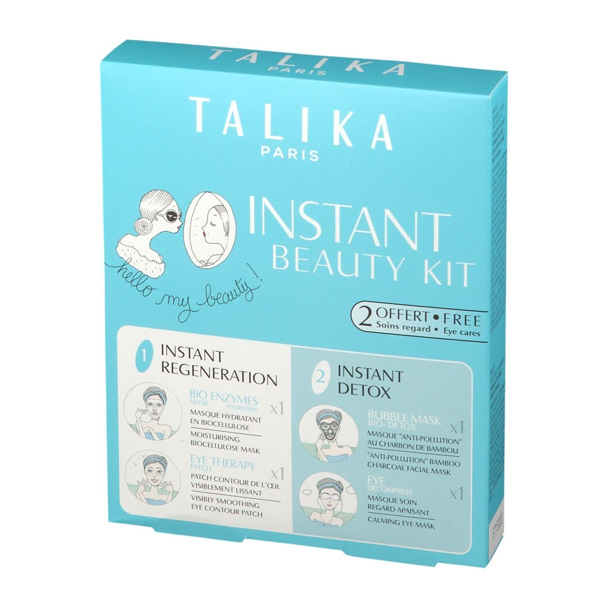 Lichtblauwe verpakking TALIKA INSTANT BEAUTY KIT. Vooraanzicht met productnaam, illustraties en beschrijvingen.