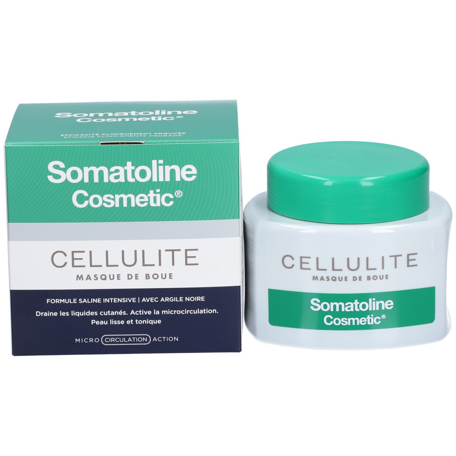 Weißer Tiegel mit grünem Deckel. Aufschrift CELLULITE MASQUE DE BOUE und Somatoline Cosmetic® auf grünem Feld.