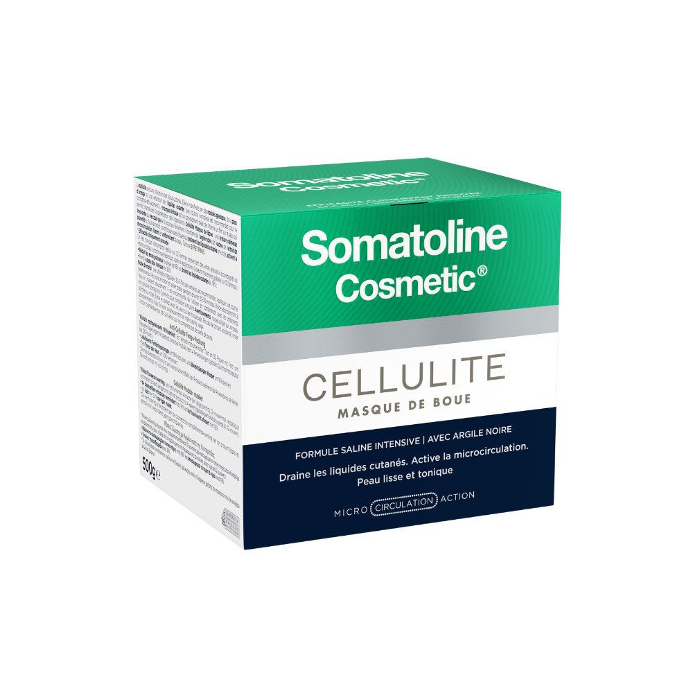 Verpakking van Somatoline Cosmetic® Anti-Cellulite Masker. Groen-witte doos met productinformatie.