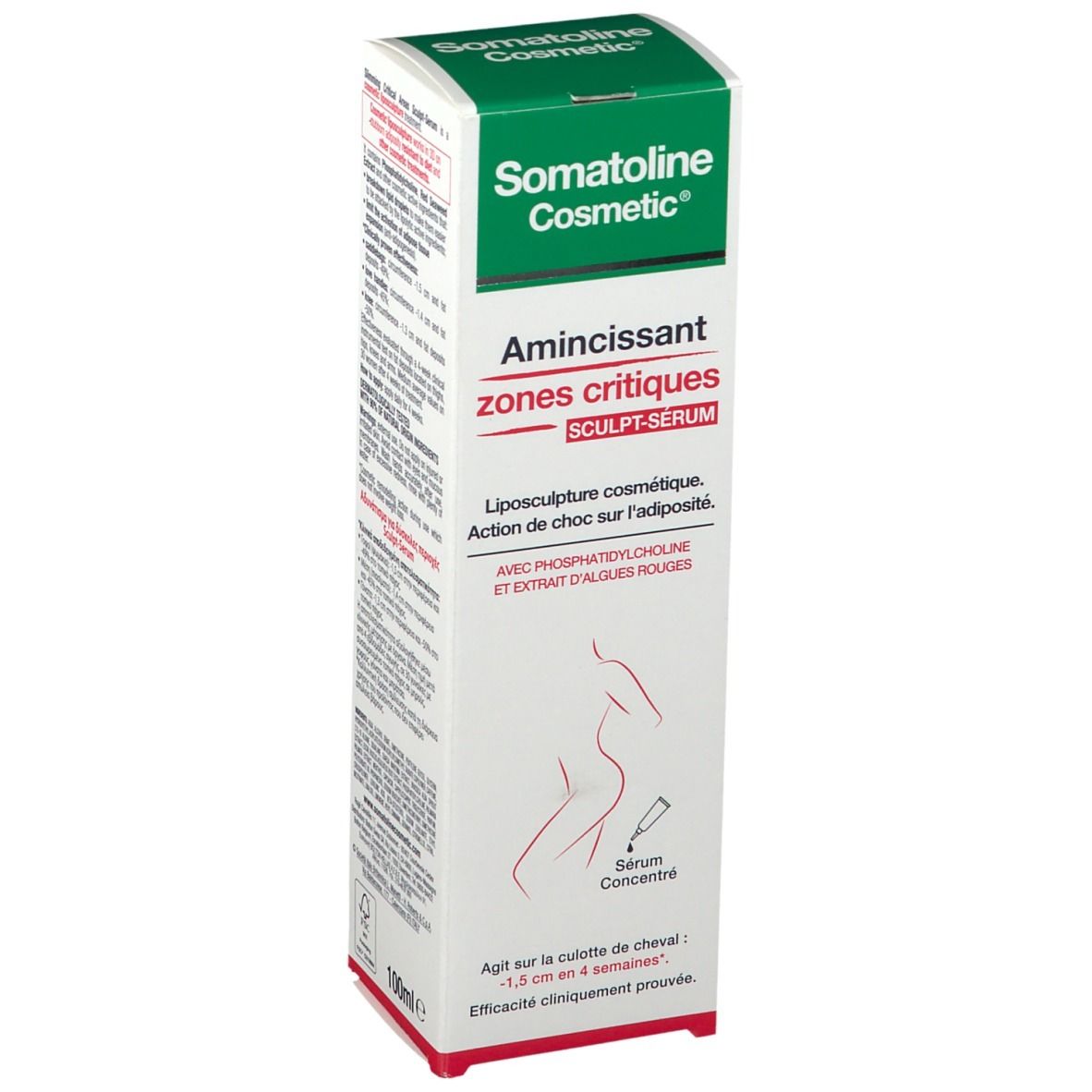 Schlankheits-Serum in einer weißen Verpackung mit grüner Oberseite. Aufschrift: Somatoline Cosmetic, Amincissant zones critiques, Sculpt-Serum.