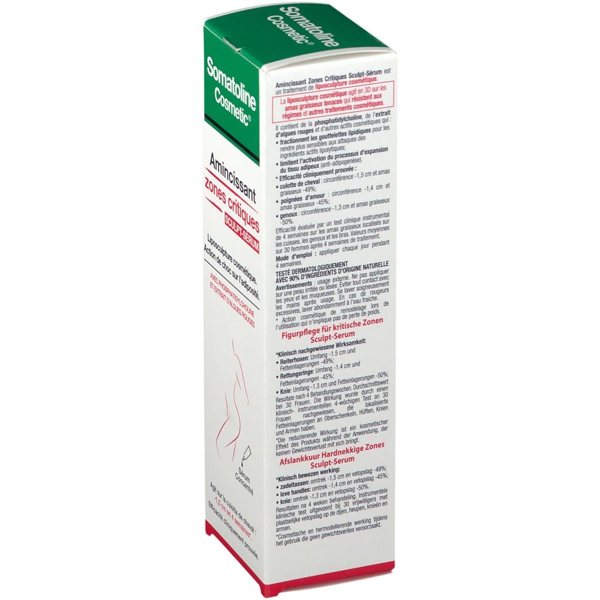 Verpackung mit Schlankheits-Serum. Aufschrift: Somatoline Cosmetic, Amincissant zones critiques, Sculpt-Serum. Text und Illustrationen auf der Verpackung.