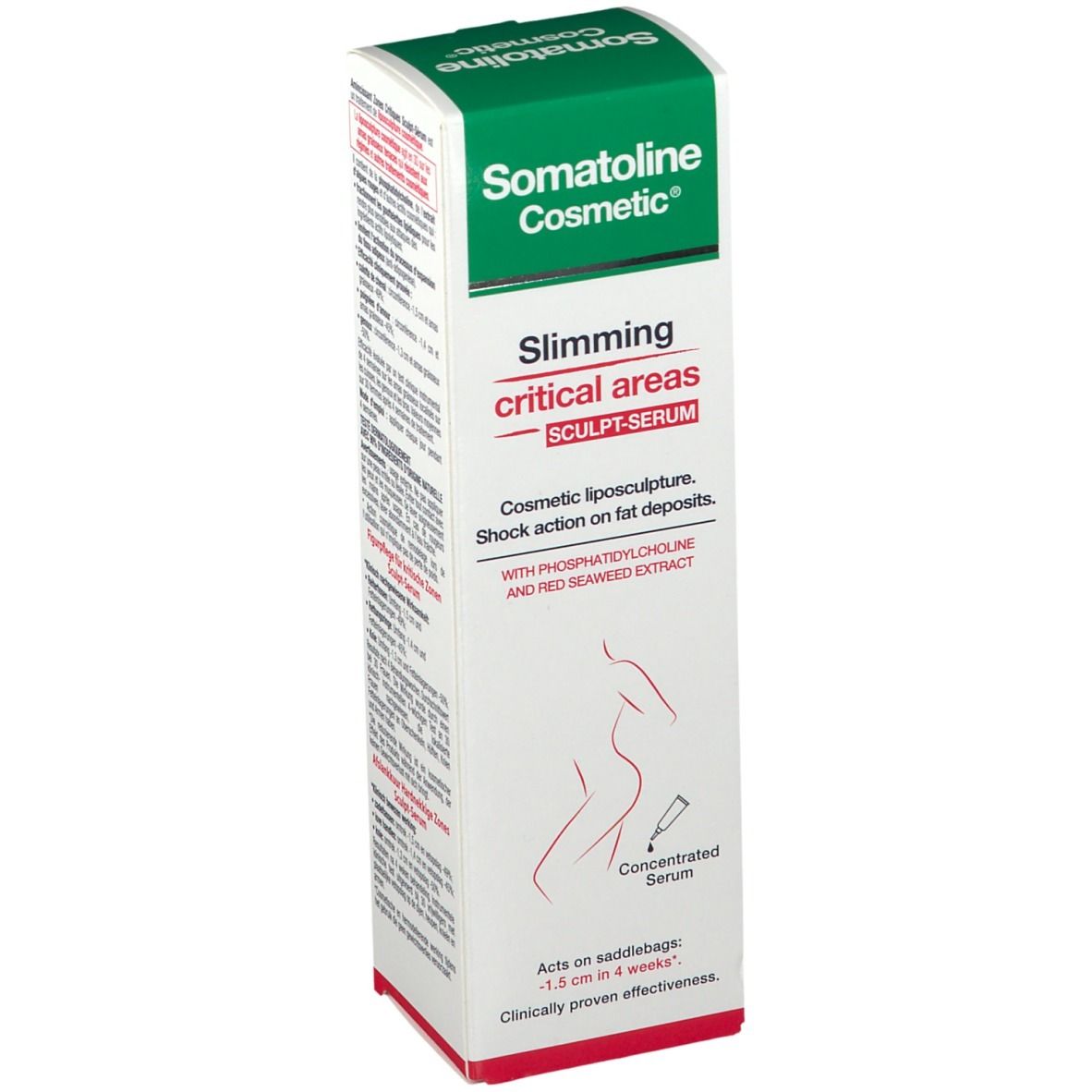 Schlankheits-Serum in weißer Verpackung mit grüner Oberseite. Aufschrift: Somatoline Cosmetic, Slimming critical areas, Sculpt-Serum.