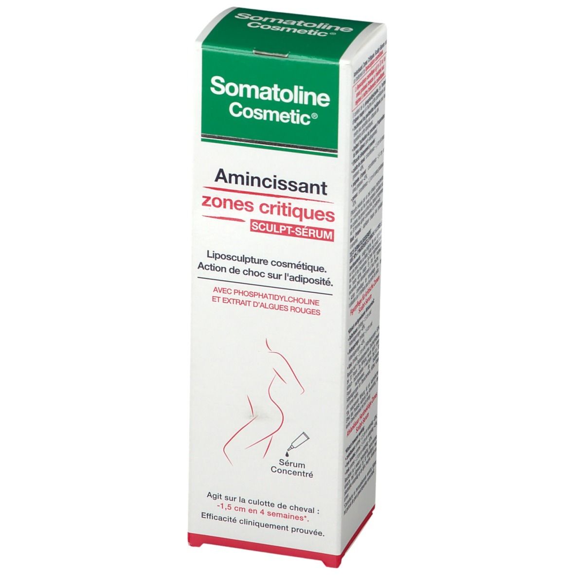 Schlankheits-Serum in einer weißen Verpackung mit grüner Oberseite. Aufschrift: Somatoline Cosmetic, Amincissant zones critiques, Sculpt-Serum.