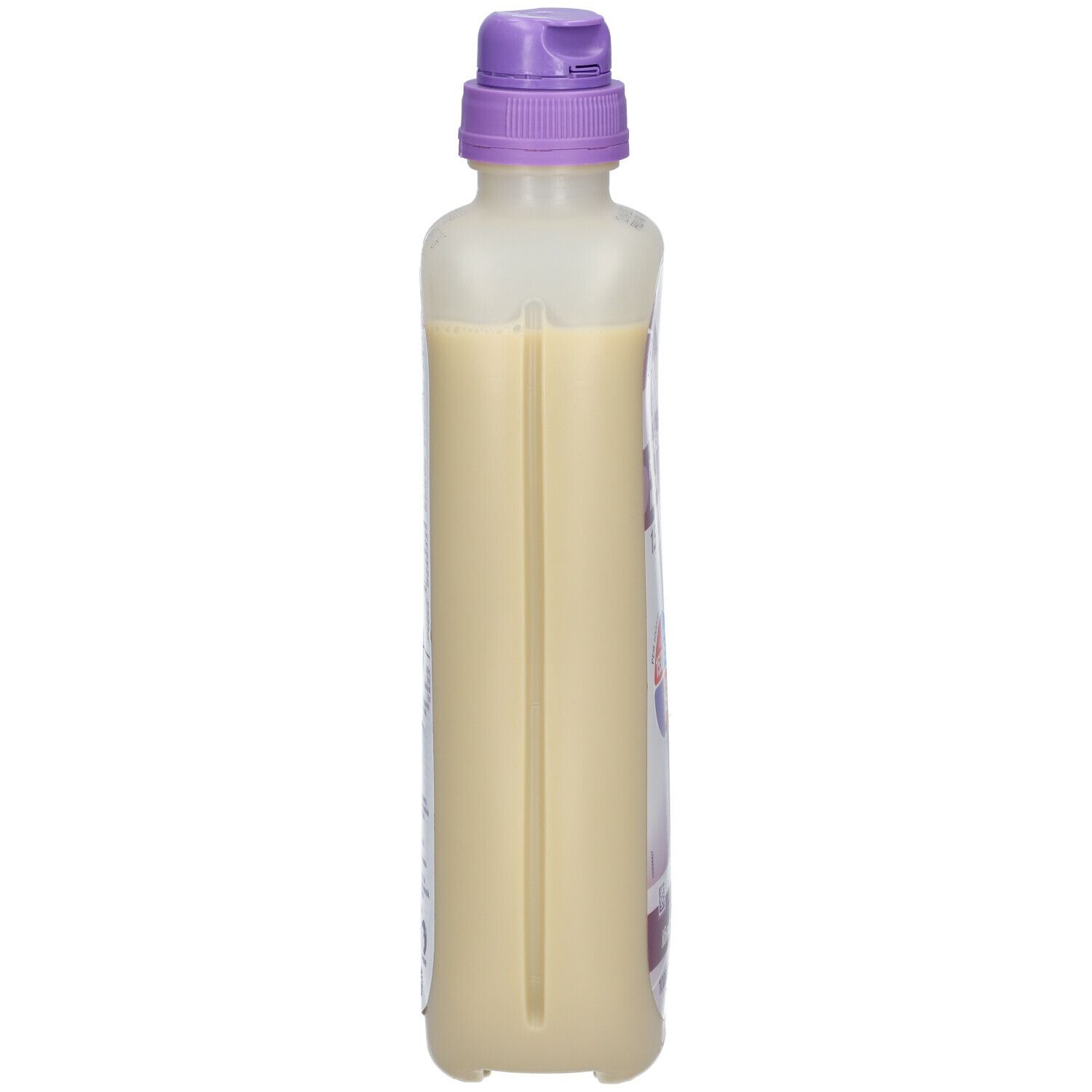 Smalle zijaanzicht van de fles. Beige vloeistof in een fles met paarse dop. Verticale groeven.