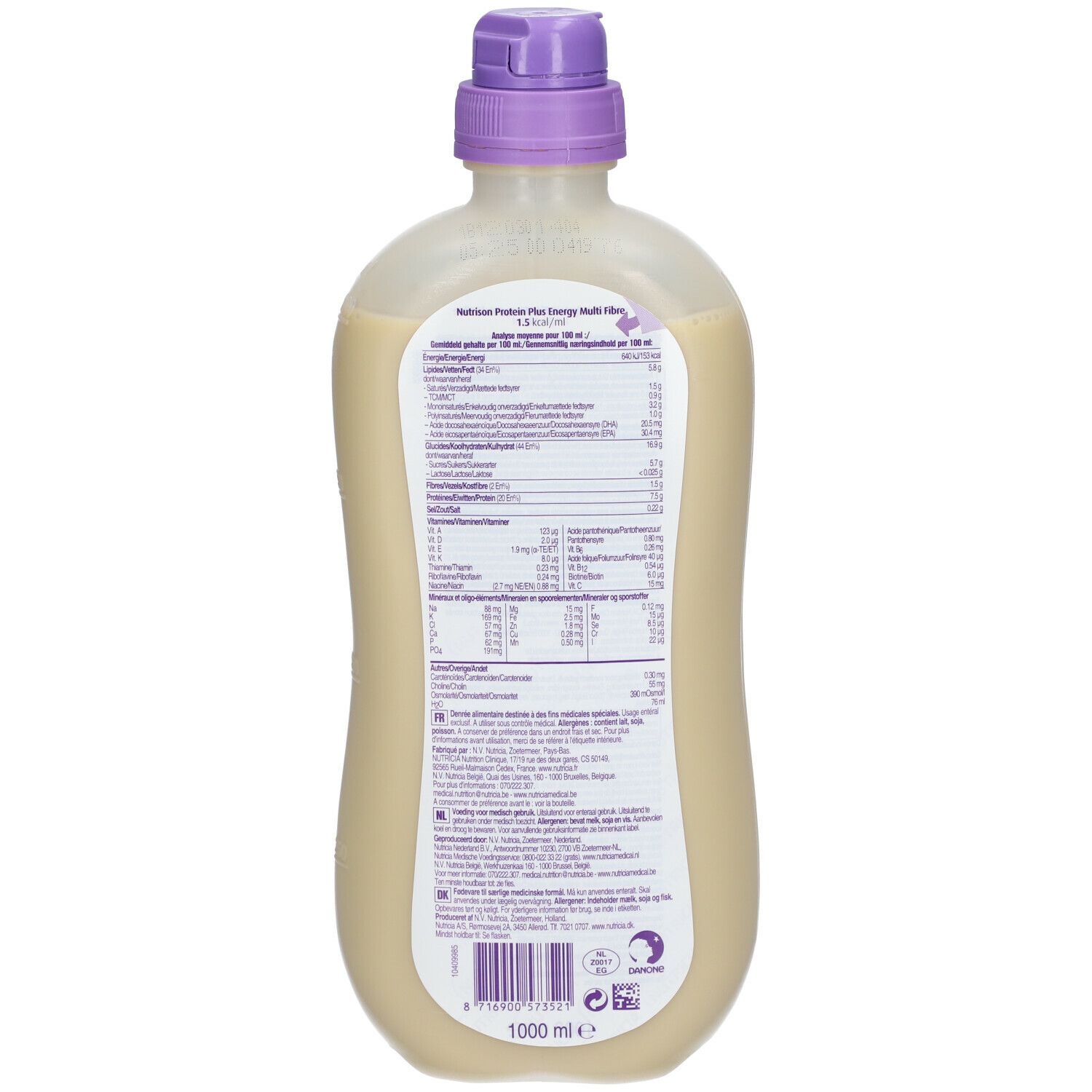Achterkant van de fles. Opschrift: Nutrison Protein Plus Energy Multi Fibre. Voedingswaarde. 1000 ml. Barcode.