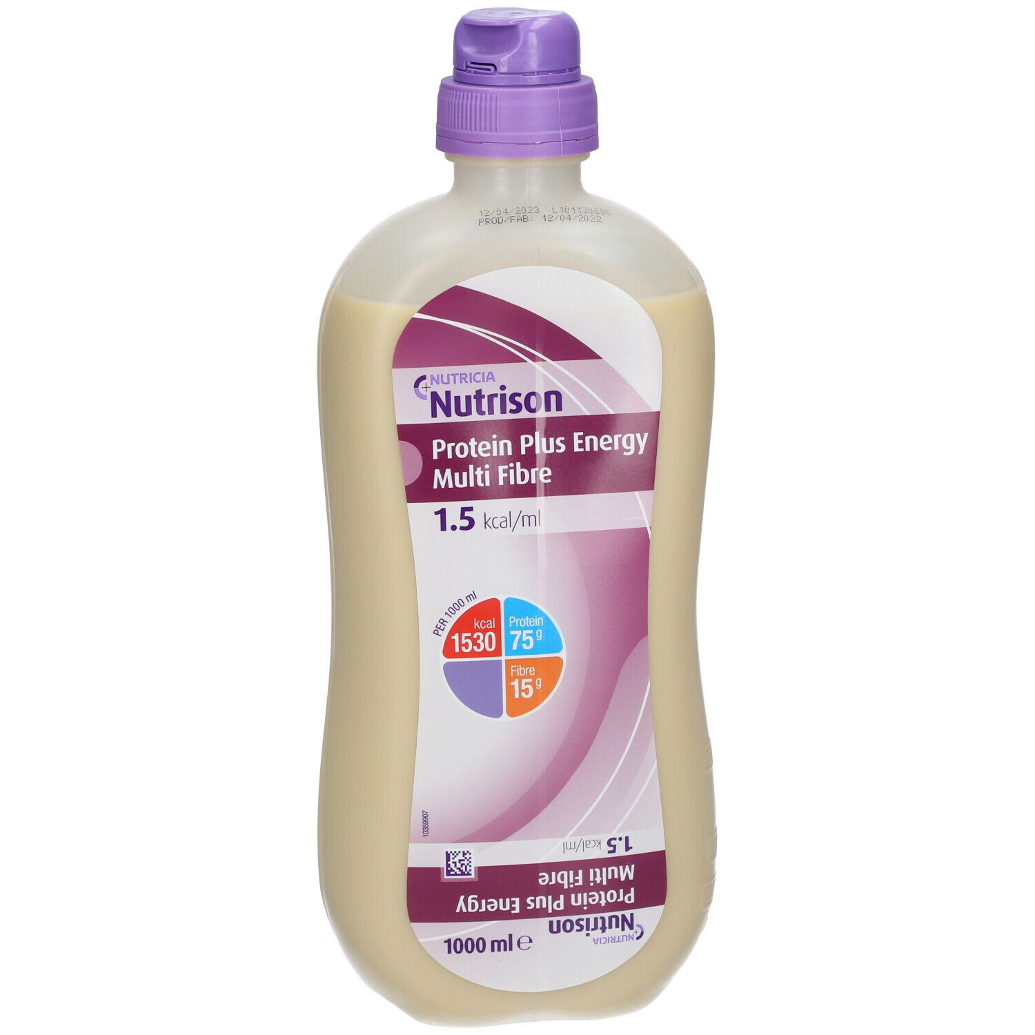 Beige fles met paarse dop. Opschrift: Nutrison Protein Plus Energy Multi Fibre. 1,5 kcal/ml. 1000 ml.