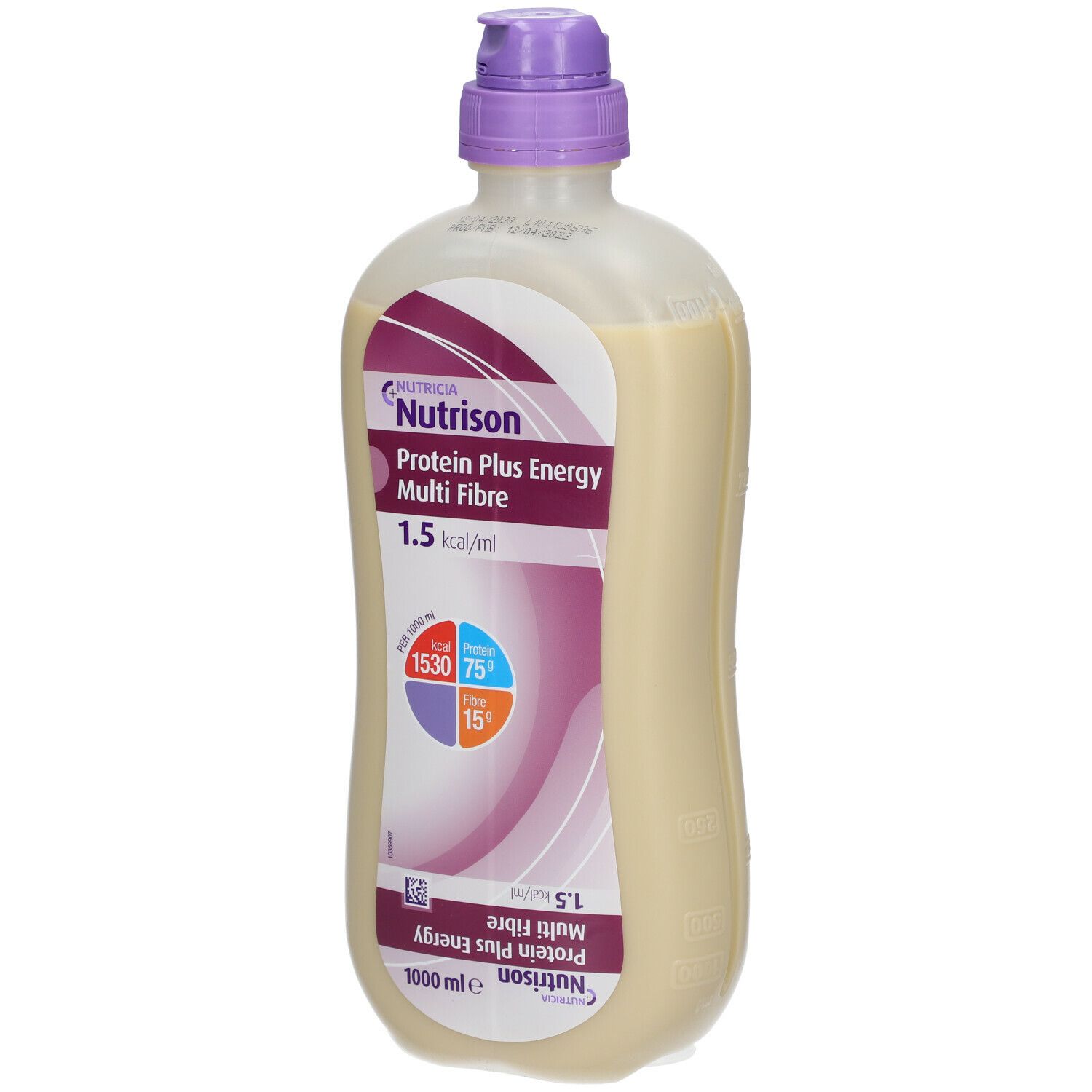 Beige fles met paarse dop. Opschrift: Nutrison Protein Plus Energy Multi Fibre. 1,5 kcal/ml. 1000 ml.