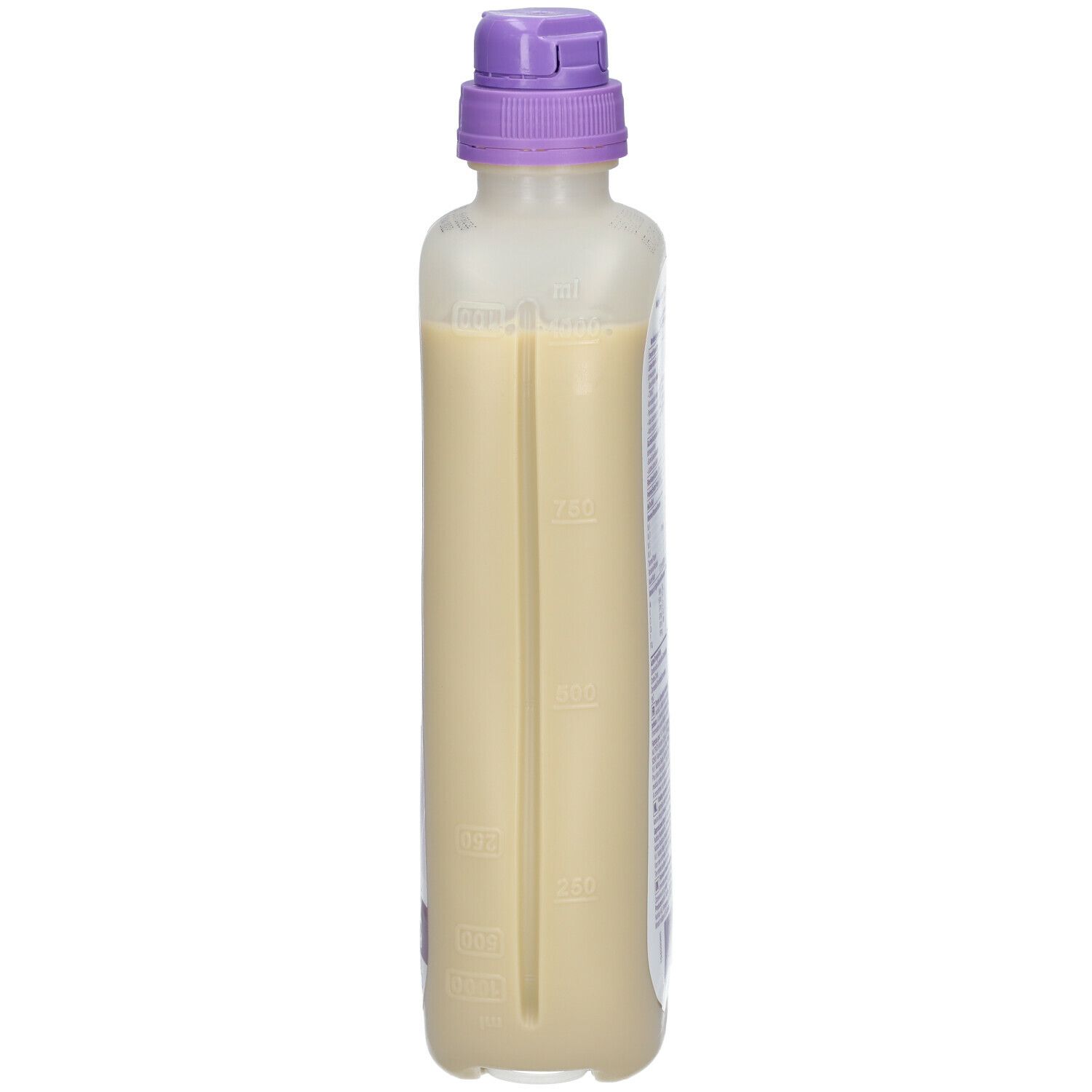 Smalle zijaanzicht van de fles. Beige vloeistof in een fles met paarse dop. Maatverdeling.