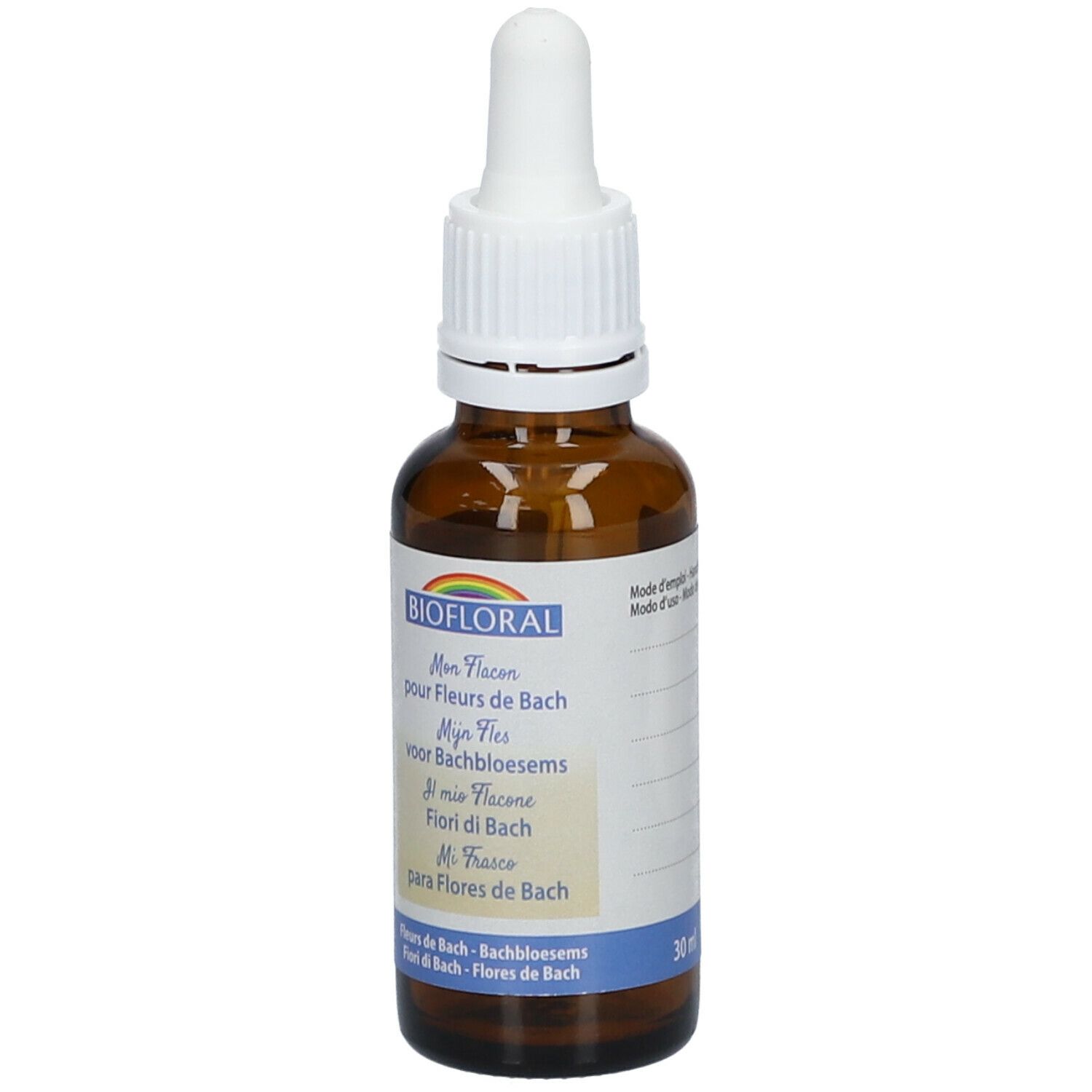 Braune Glasflasche mit weißem Deckel und Pipette. Aufschrift BIOFLORAL, Regenbogen-Logo. Mehrsprachige Produktbezeichnungen. 30 ml.