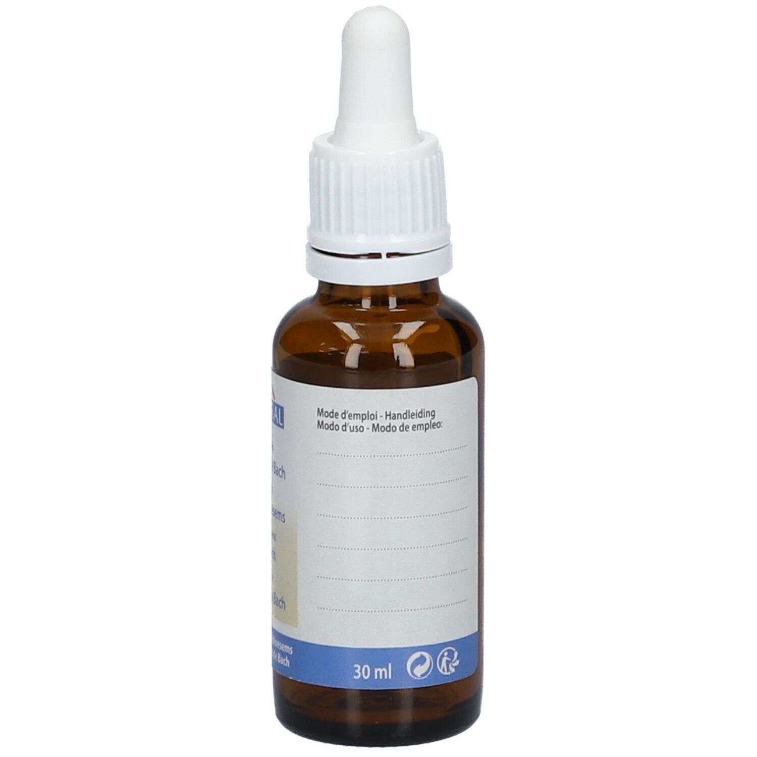 Braune Glasflasche mit weißem Deckel und Pipette. Etikett mit Text. Mehrsprachige Produktbezeichnungen. 30 ml.