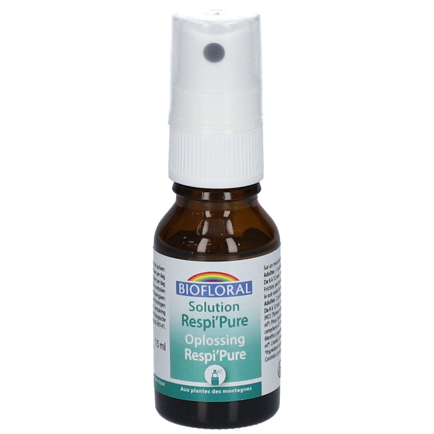 Flacon en verre brun avec vaporisateur. Étiquette avec nom et marque du produit. Vaporisateur blanc.