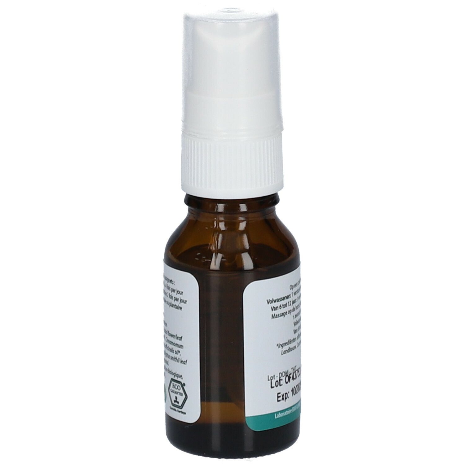 Flacon en verre brun avec vaporisateur. Étiquette avec informations sur le produit. Vaporisateur blanc.