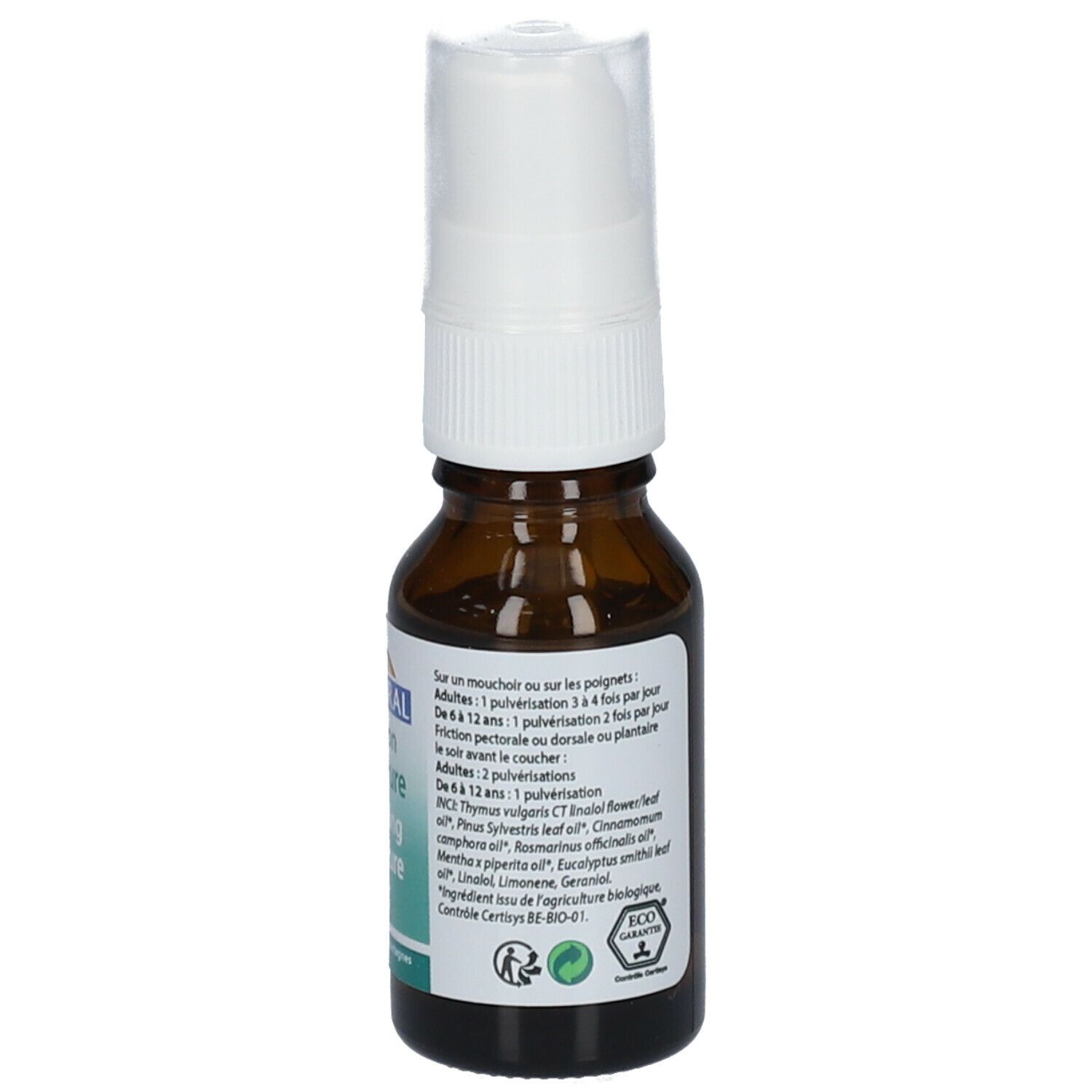 Flacon en verre brun avec vaporisateur. Étiquette avec informations et ingrédients. Vaporisateur blanc.