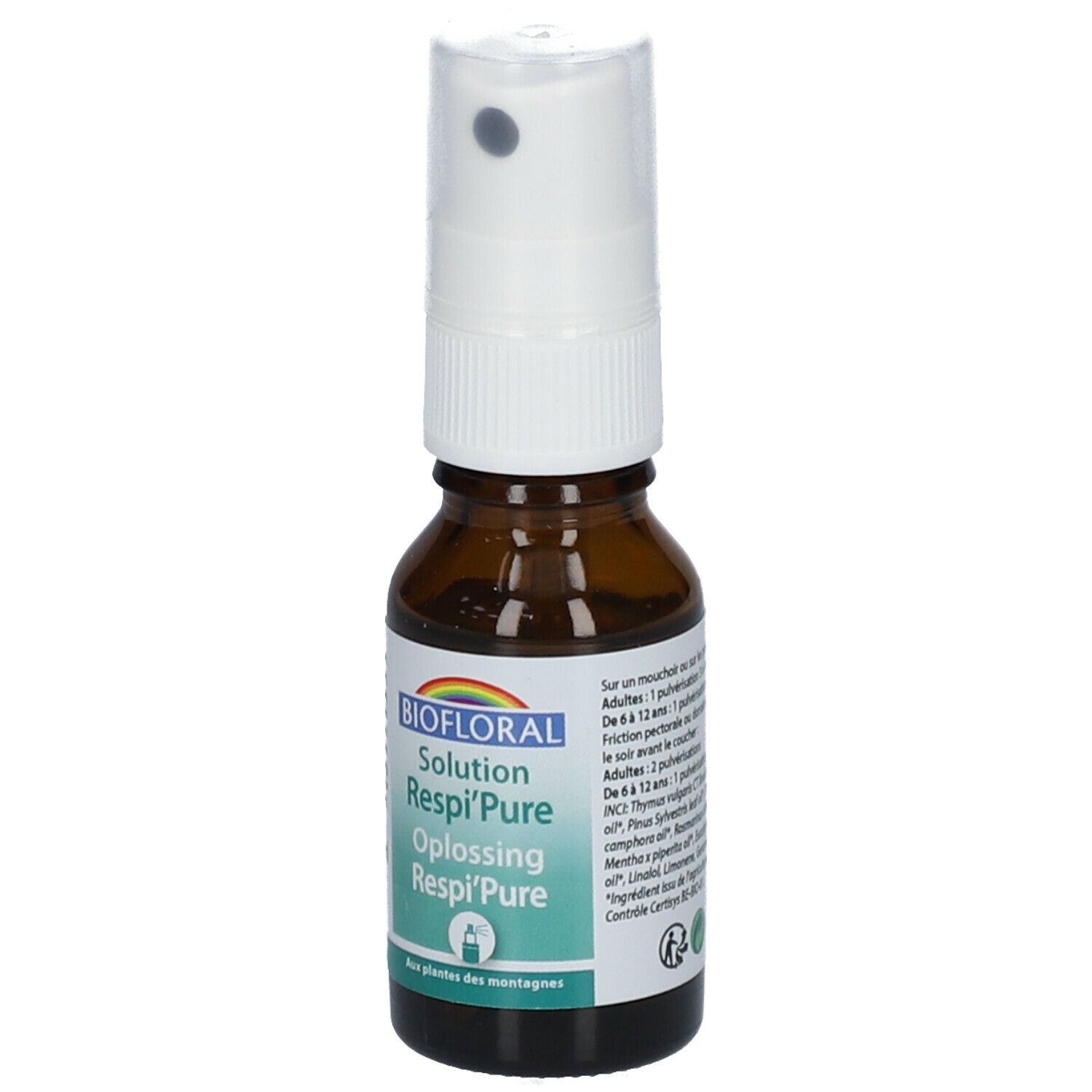 Flacon en verre brun avec vaporisateur. Étiquette avec nom et marque du produit. Vaporisateur blanc.