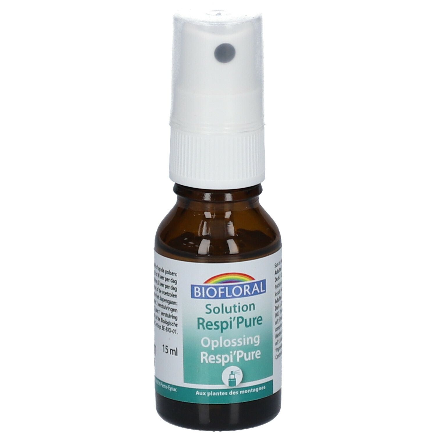 Flacon en verre brun avec vaporisateur. Étiquette avec nom et marque du produit. Vaporisateur blanc.