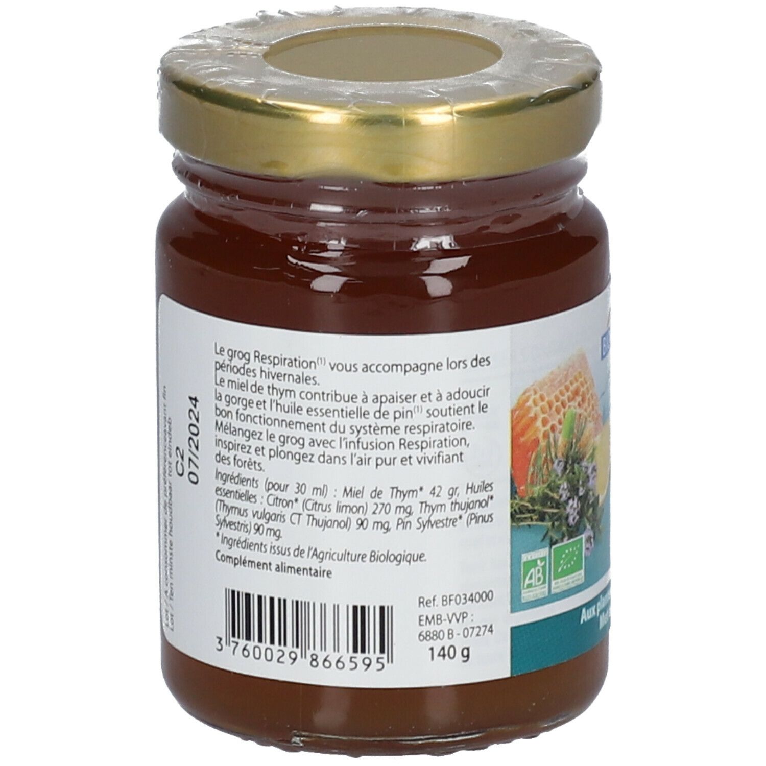 Pot en verre avec liquide brun, couvercle doré. Étiquette avec texte et liste d'ingrédients, label bio, code-barres, date de péremption.