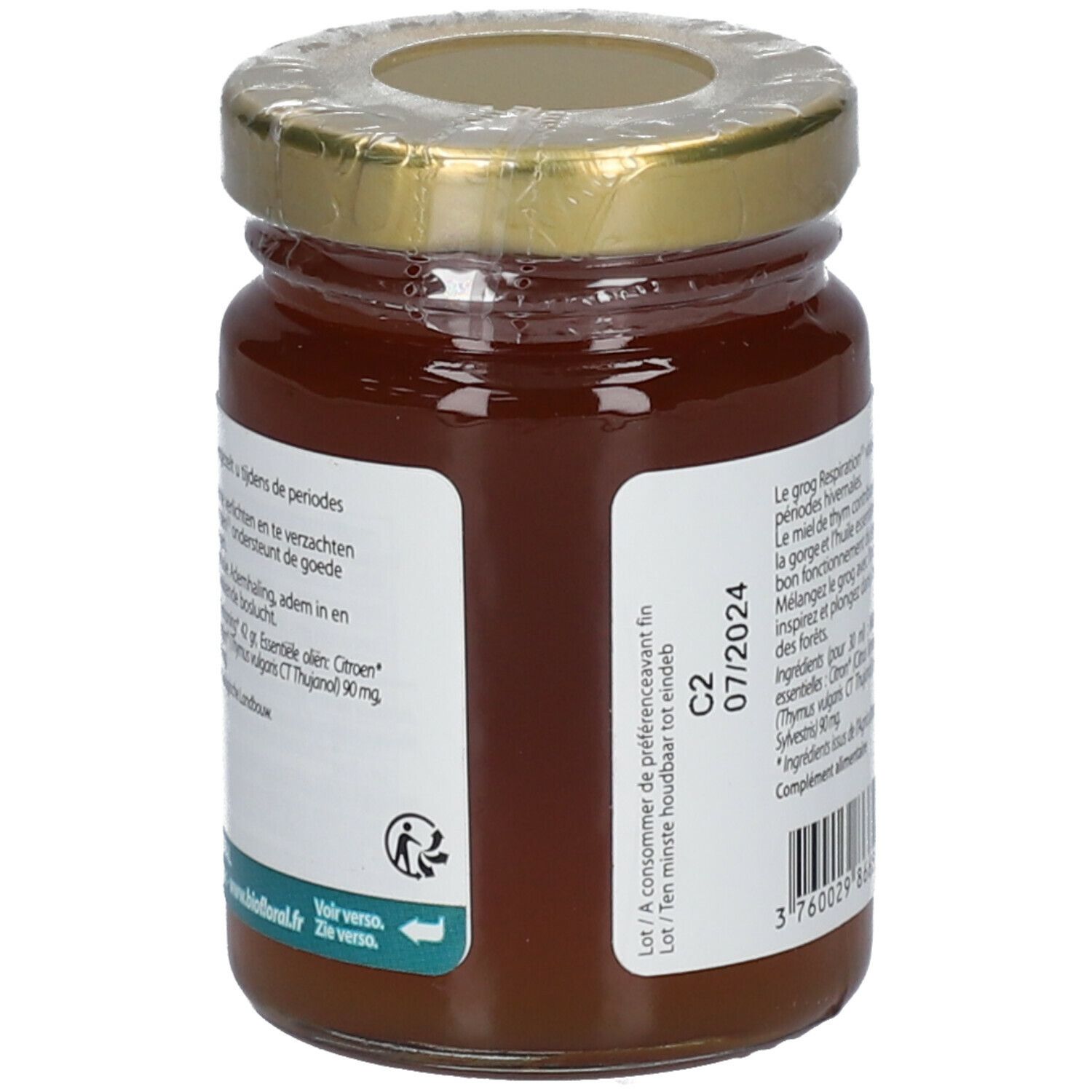 Pot en verre avec liquide brun, couvercle doré. Verso avec texte, label bio, code-barres, date de péremption.