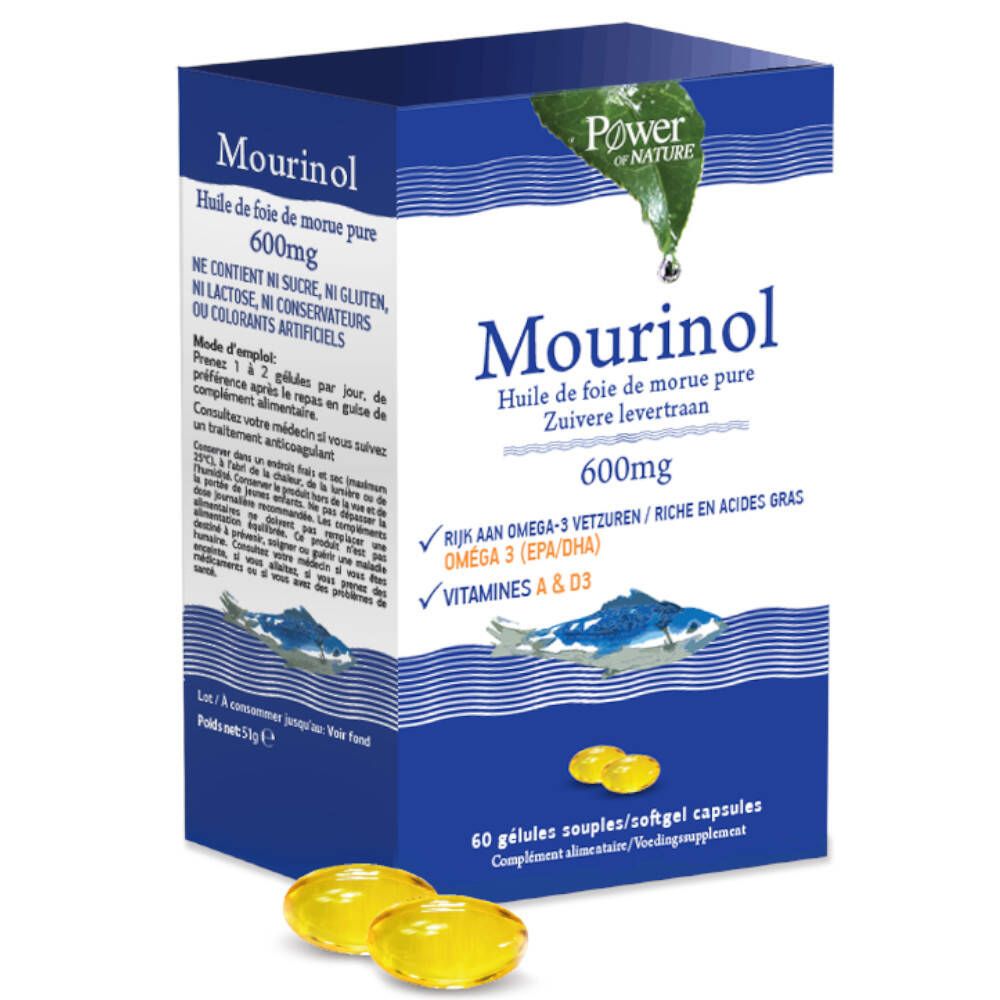 Doos Mourinol, 600mg levertraan. Met Omega-3, vitaminen A & D3. Twee capsules ernaast.