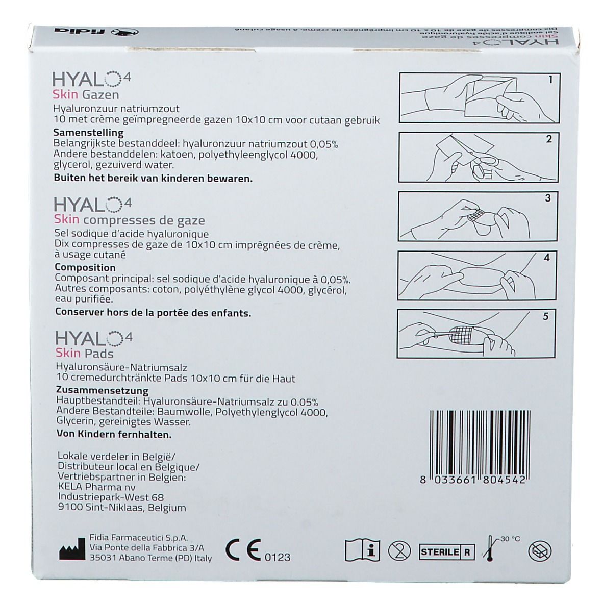 Dos de l'emballage Hyalo 4 Skin Gazen. Texte en allemand, français, néerlandais. Illustrations d'utilisation. Marquage CE.