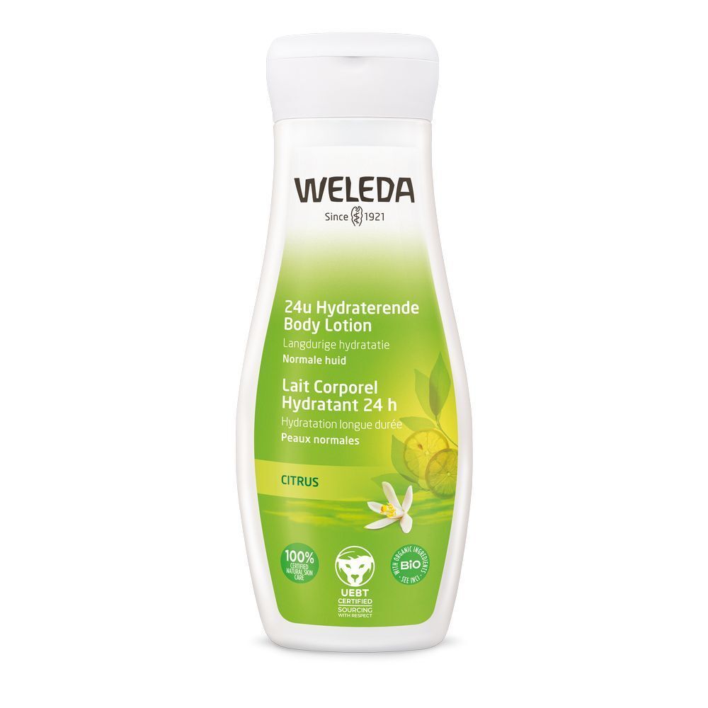 Flesje bodylotion met groen etiket. Tekst: 24h Hydraterende Body Lotion, Citrus. Merk: WELEDA.