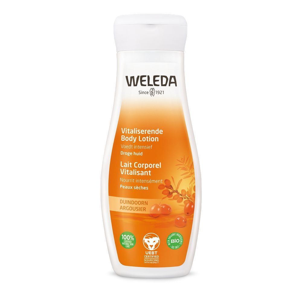 Weleda bodylotion fles. Witte dop, oranje etiket met productnaam en logo. Bio-certificering.