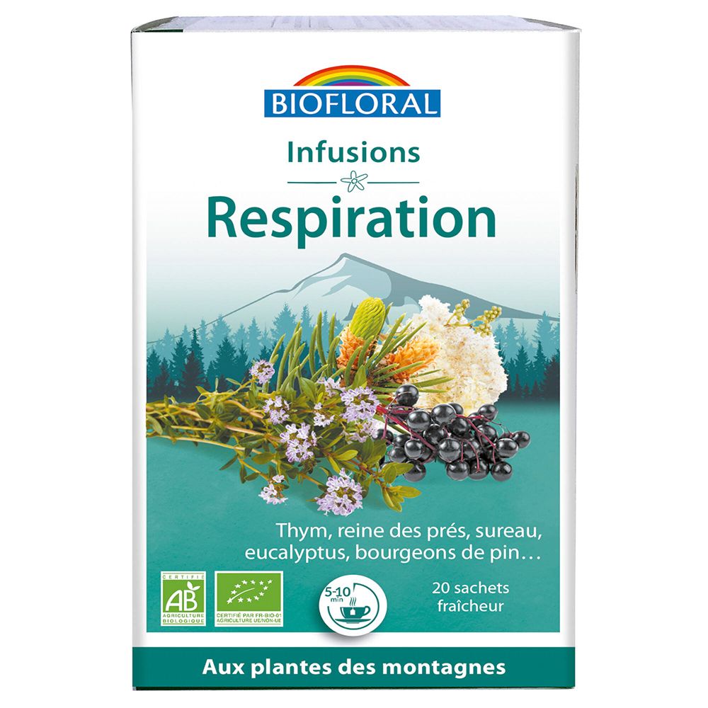 Boîte BIOFLORAL Infusions Respiration. Paysage de montagne et plantes. 20 sachets.
