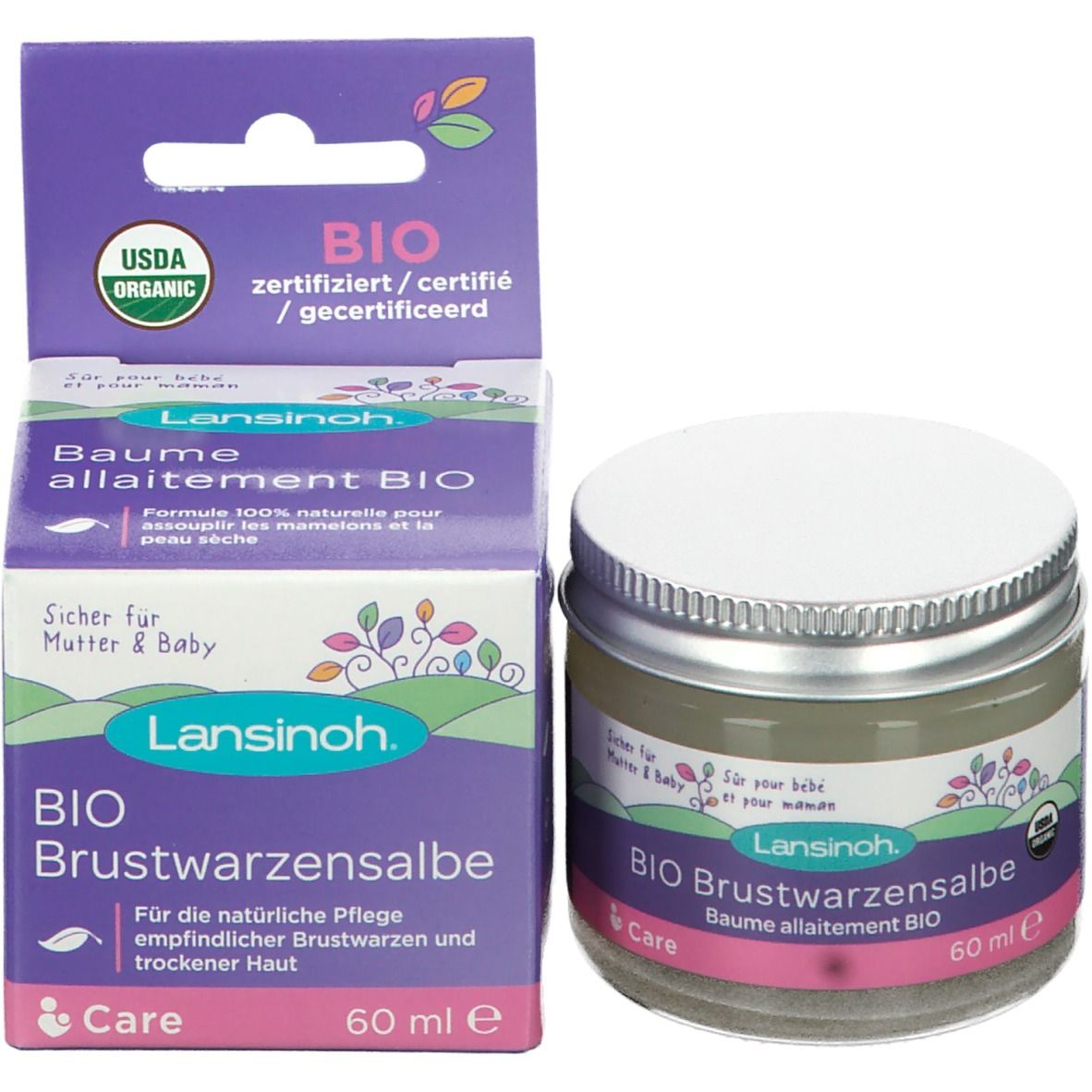 Produktverpackung mit Salbentiegel und Karton. Karton mit Text: BIO Brustwarzensalbe, 60 ml. Marke: Lansinoh. Lila, weiß.