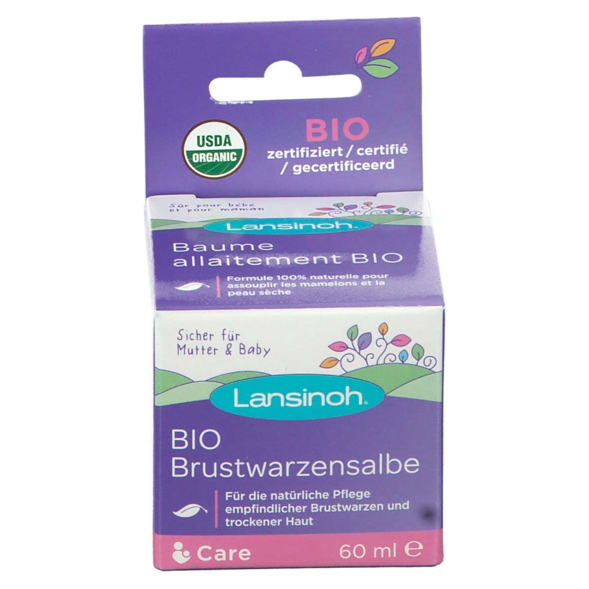 Produktverpackung mit Karton. Karton mit Text: BIO Brustwarzensalbe, 60 ml. Marke: Lansinoh. Lila, weiß. USDA Organic.